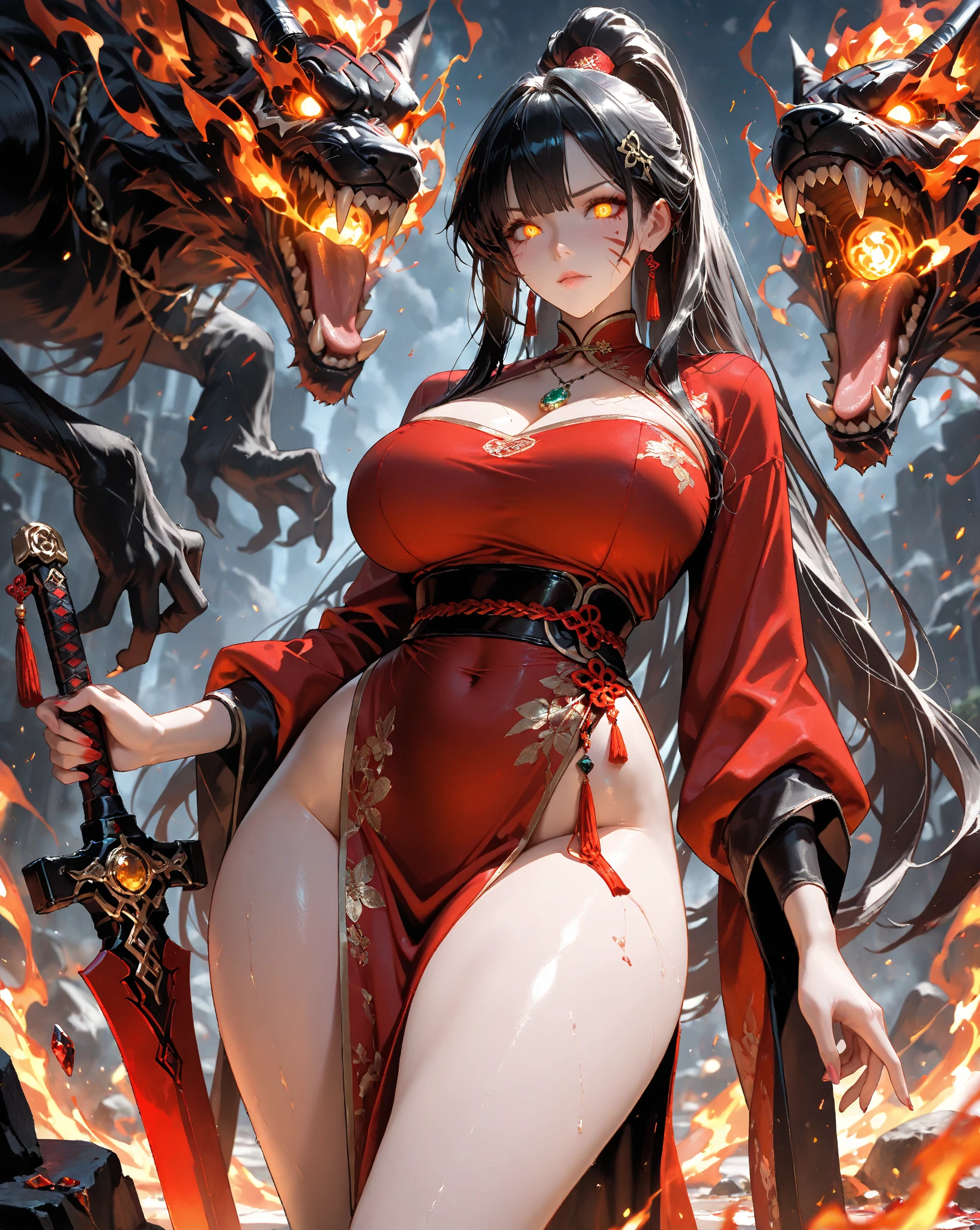 1girl, animal hands, black hair, cat ears, cat tail, glowing eyes, kashanioh, large breasts, long hair, looking at viewer, red eyes, solo, slit_pupils, <lora:Kasha_Nioh2-07:0.7>
cart, wheel, fire, kimono, japanese_clothes,, beautiful, (masterpiece:1.2), (best quality:1.2), perfect eyes, perfect face,