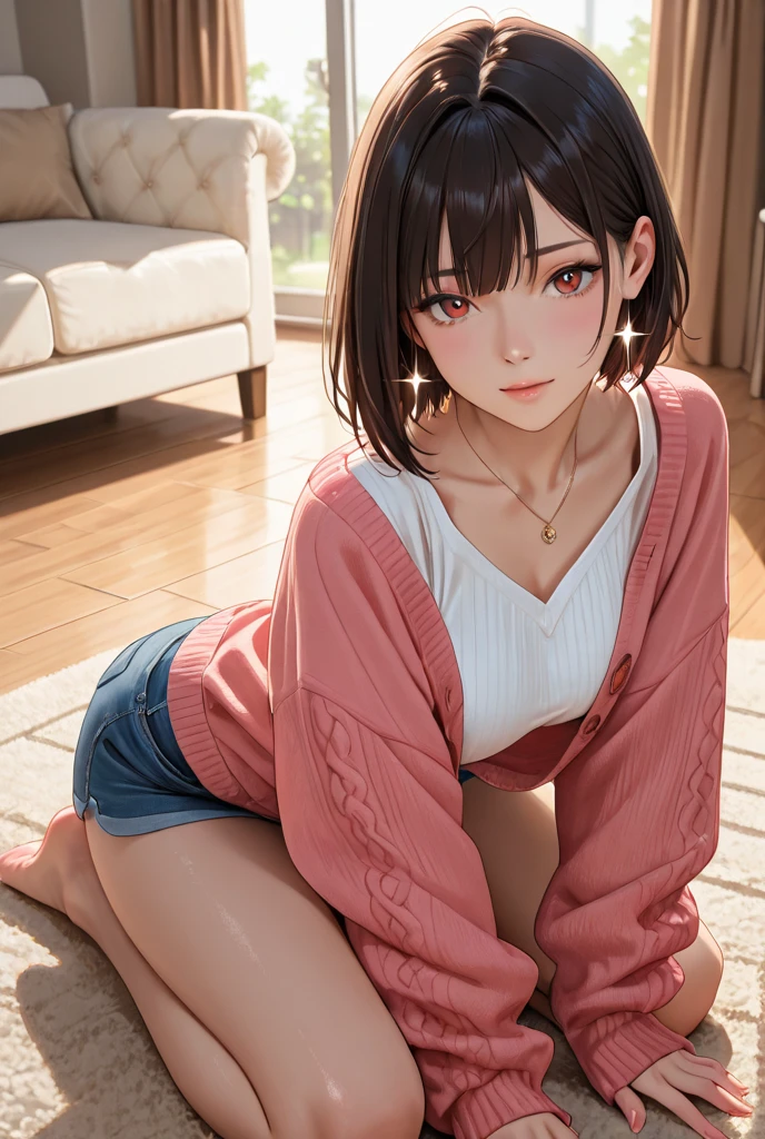 ((best quality)), ((masterpiece)), (detailed), 1girl, off-shoulder sweater, 
Create an anime girl on her back with her legs open wearing pink and black underwear and who is 26 years old in a luxurious room landscape
