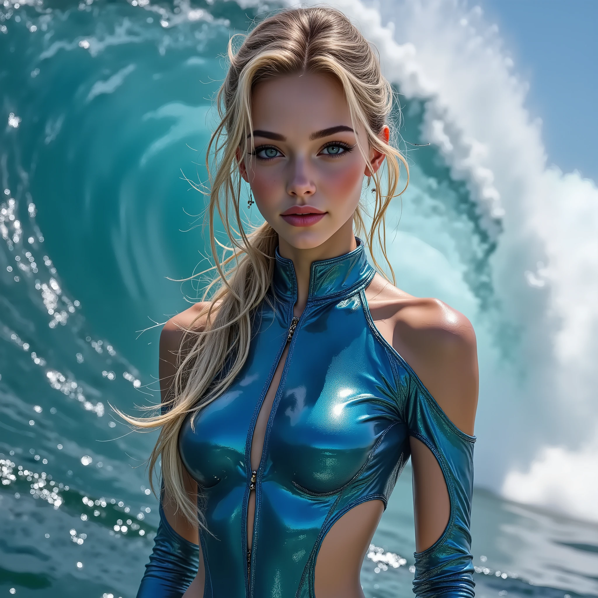 {((only one surfboard on the sreean:1.4)) (((extremely fast surfing on surfboard,, on top of a breaking wave in the sea) :1.35))) A (1 girl: 1.3)24-years-old、with perfect figure (((Full body shot:1.35))), ((Ultra-realistic最high quality、 8K、 The ultra -The high-definition))、(photorealistic: 1.75)、(Realistic: 1.75 )、(masterpiece)、((absurdres))、 ((sharp focus))、((perfect figure))}、((Very detailed facial and skin textures))、(Realistic faces)、Original photo、(Very beautiful, detailed face :1.43)、(very detailed eyes: 1.35)、(very detailed lips: 1.21)、(very detailed nose: 1.mall head: 1.4))、 full body esbian、((High Contrast))、((Erotic:1.6))、(((dynamic random fancy, professional hairstyles:1.32)))、((random expressions))、((firm full breasts:1.5))、 (narrow waist:1.3)、medium ass、 beautiful cheekbones、 (slim belly: 1.3)、((well-muscled body:1.3))、 ((slim face)), ((anatomically correct)), ((Wetty, Wet hair)), (((surfing on the waves:1.45))), ), ((very intricate design of wetsuit:1.34)), (Super Shiny blue swimming wetsuit:1.4), (Ultra-tight wetsuit with super reflective:1.25)、((super sophisticated, extravagant, exposed sexy swimming wetsuit outfits)), (big open cut: 1.4), Landing of the winner in the international surfing competition、Looking at Viewer, Sunlight,
