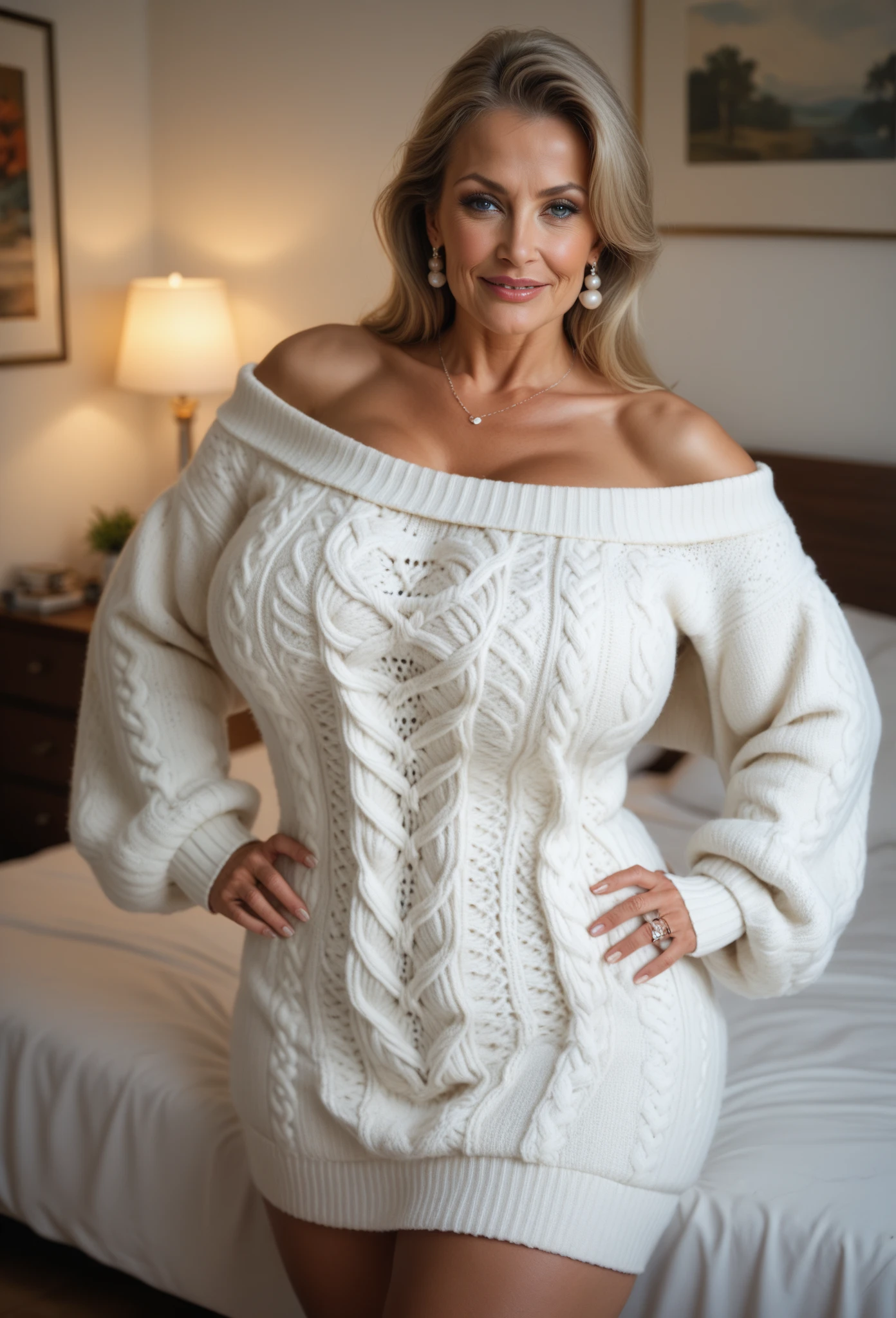 1 mature woman in, age50, Solo, medium casual hair, Bob hair, curvy body, Looking at Viewer, grayblondehair, Bare shoulders, Brown eyes, jewely, Full body, a necklace, off shoulders, (wearing black sweater home dress), Distant photo, Realistic, A sexy one, beautiful colour, Perfect skin, 3 bust size, instagram (Realistic, A high resolution),photo size 3:4, 1 cute sexy mature woman, large expressive blue eyes, happy, (8K, raw photo, Best quality, High detail, curvaceous forms, curvy body, seductive pose, She smile with Extraordinary Pleasure expression.