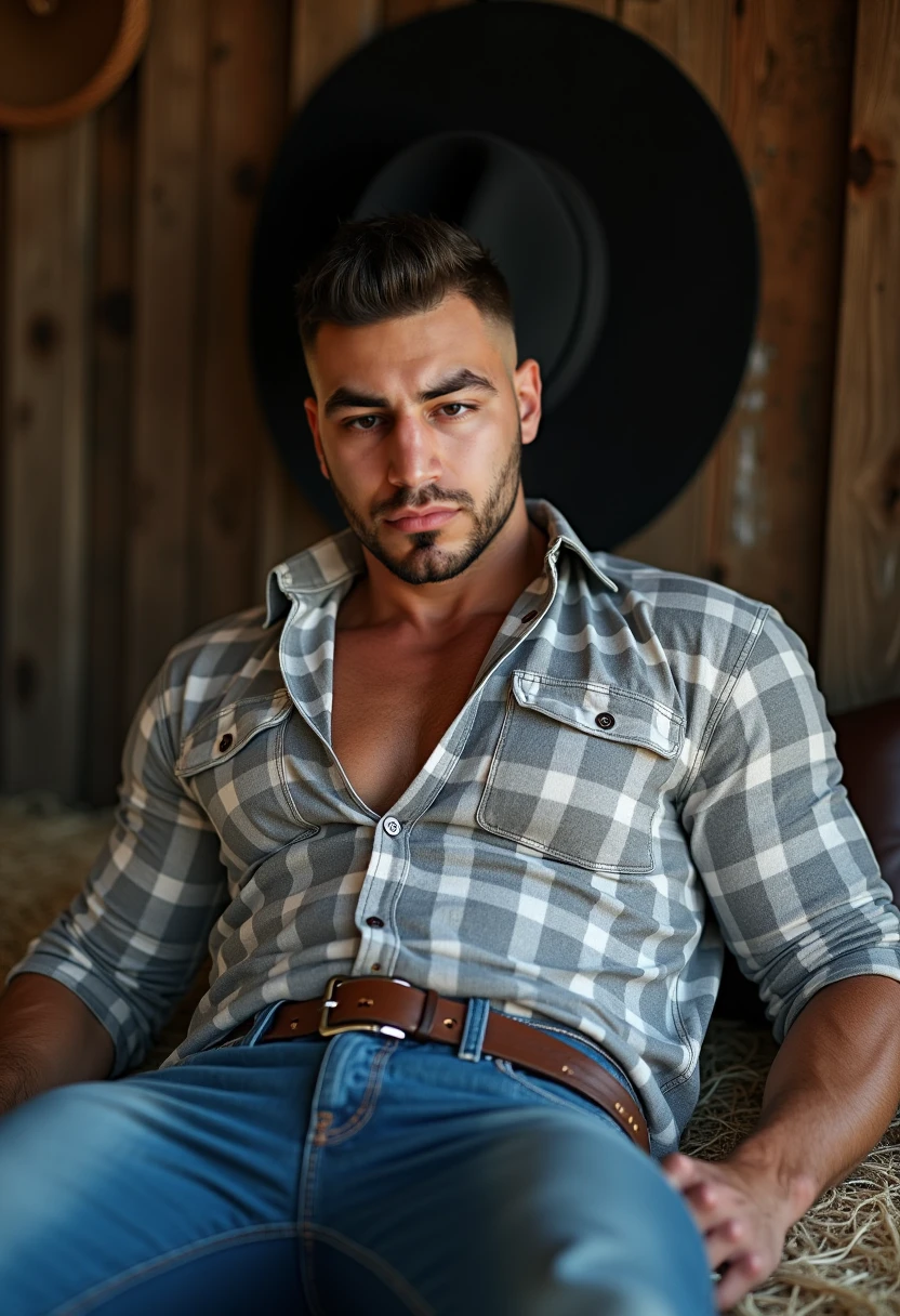 generates a very handsome boy, with perfect features, with a camouflage military cap, he has a hairy body, very sweaty, muscular and tattooed in various parts of his body, the veins are visible in the muscles, he has no shirt, he has jeans in military camouflage with his fly down, he is lying on a bed with white sheets, his hands tied with silver chains, his legs slightly open, uncensored.