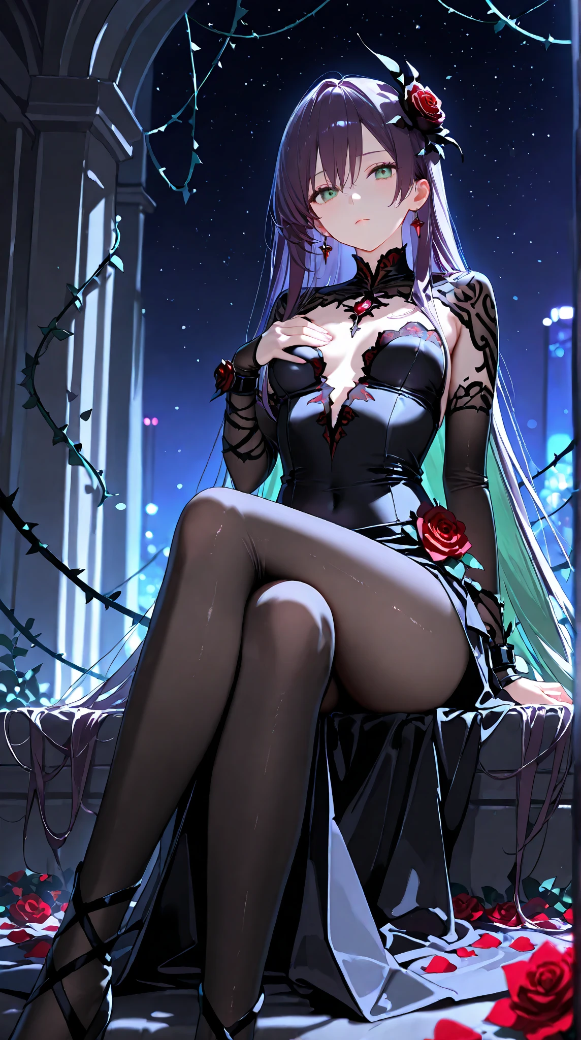 1 girl(masterpiece,top quality,best quality,official art,Beauty and aesthetics:1.2),(Pick and dye your hair,Pick dyeing,The main body is black,The dyed part is white,pink and purple:1.2),Royal sister,Extra large breasts(full),Raised sexy,white stockings,cleavage,Wedding dress,facing away,Bare back,Red body paint covering the entire back