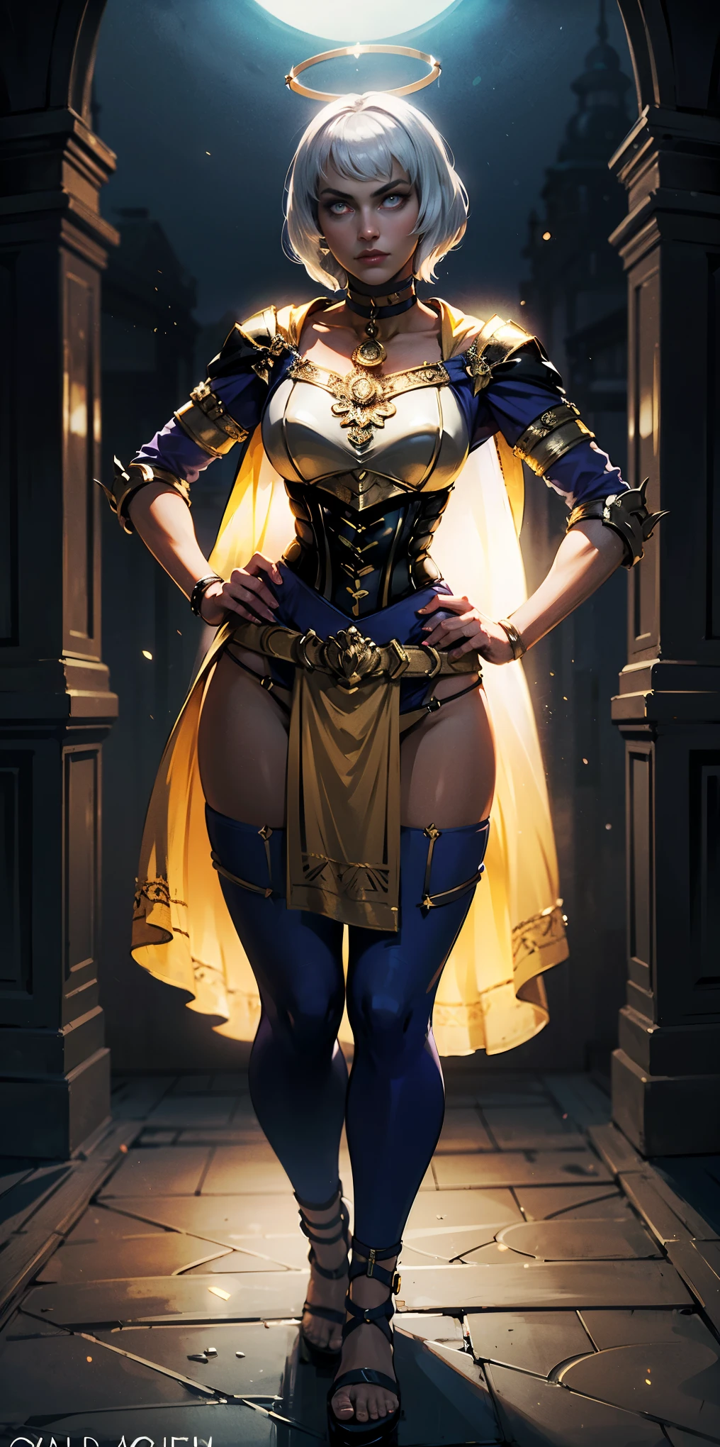 paladin lady in ornate golden armor, black collar, pauldrons, breastplate, corset, glowing halo, single braid, blonde, yellow glowing eyes, bright pupils, eye focus, red cape, temple indoors, stained glass windows, night, moonlight, particles, light beam, chromatic aberration, (full body, whole body. 1solo (girl). slave fighter, loincloth standing, hands on hips full body, whole body. 1solo (girl). slave fighter, loincloth standing, hands on hips, metal sandals, choker, big belt, view from below, feet together, bracers, tiara)