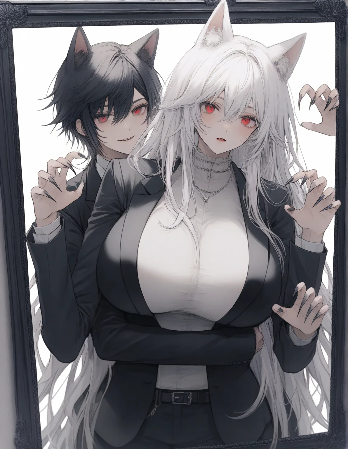 ((best quality)), Cat, animal ears, Tail, black bodysuit, 1 boy, whole body, 1 girl, long hair, white hair, ,pink eyes, looking at the audience, Smile,Big breasts,Perfect body
