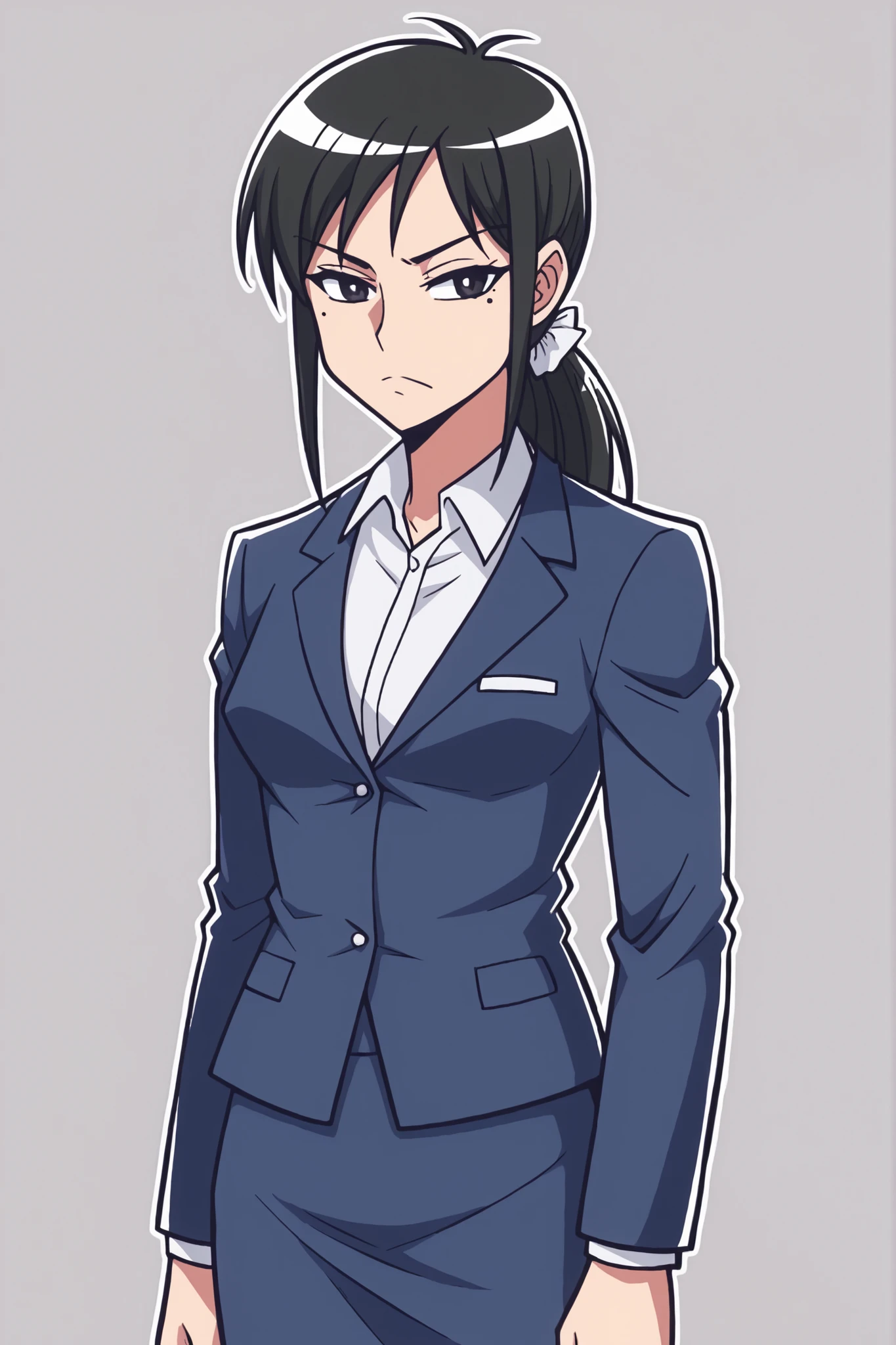 midori kuzuhara ( enomoto ),comic,2000s_(style),{{{chibi}}},manga style,simple,with rough sketch lines,line art,Minimalist portrait,in syonenmanga style,closed mouth,ideal ratio body proportions,medium breasts,{{{in Enomoto Shunji style,}}}
indor,office,office uniform,ponytail,No expression,mole under left eye,black hair,long hair,long sideburns,Japanese girl,black eyes,only have black eyes ,1girl , {{{{{{thick outline}}}}}},{{{{{{black outline}}}}}},flat color,,panties aside,