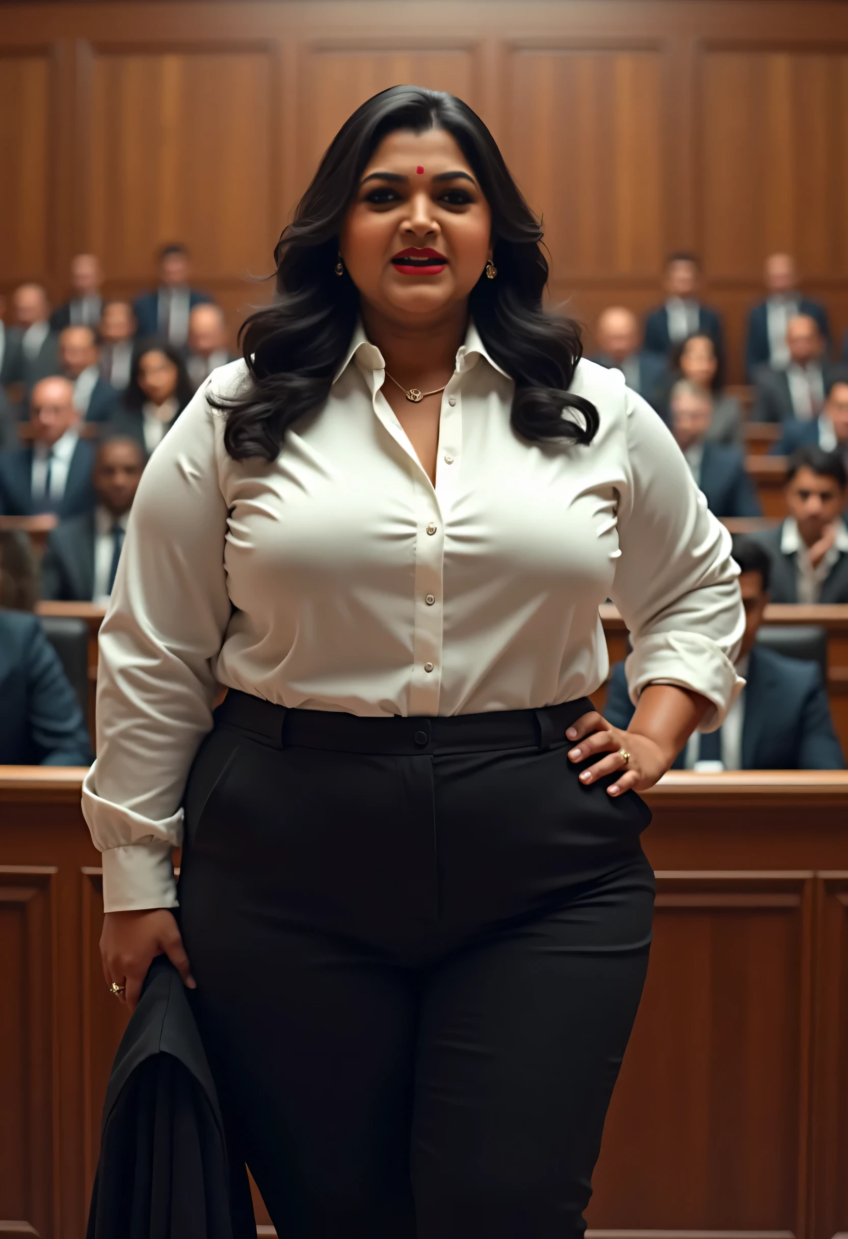 Photo taken from distance, wide shot, South Indian plus sized 2 bride wearing white short gown wearing women sitting on a chair, in a office room