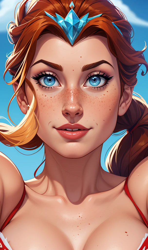 Beautiful GTa style pose in portrait mode Cartoon character in dynamic pose two women together with freckles on their faces Disney princess Queen Anna of Arendelle with 1,60cm on the left and along with a symmetrical body and beautiful breasts, corpo bem definido, delicado e sensual, estilo de desenho animado, digital illustration GTA style portrait mode