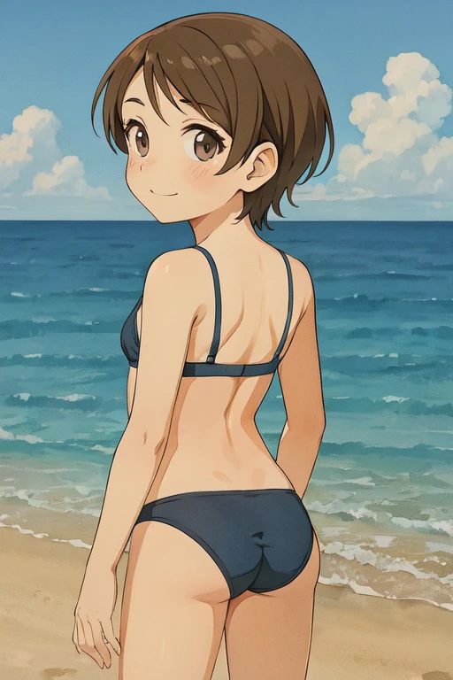 1girl, solo, hair ribbon, ass, sunset, dutch angle, ocean, bracelet, open mouth, white bikini, smile, earrings, beach, water, sky, cloud, outdoors, blush, looking at viewer, from behind, :d