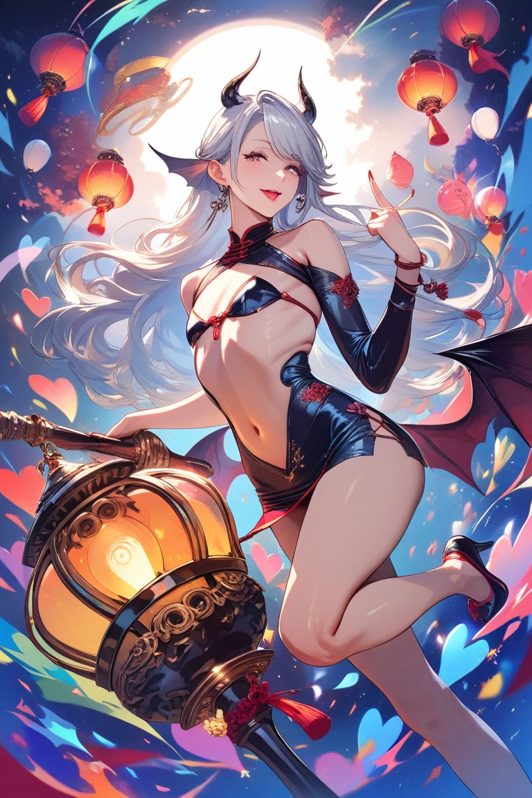 (Super detailed、Ultra-high resolution、8K masterpiece、Vibrant colors)、((Flat Color))、((Floating water))、Night Coast、Colorful Light、 A woman in a sexy swimsuit、(Angle from below)、(Silver chain body jewelry)、Jump、Random Sexy Poses、 ((body paint、Pop tattoo on thigh))、Big Breasts、 (Sexy swimsuit with a tight fit、choker)、cameltoe、Beautiful hip line、Butt、 (Twin tails、Red, vermilion, blue and silver hair、hair ornaments)、Beautiful blue eyes、Beautiful red lip、(fun、smile)、TWICE's Tzuyu' on pause