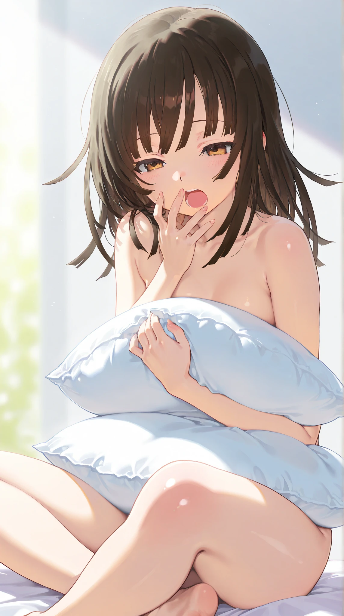 ((Highest quality))、((masterpiece))、(detailed)、((Anatomically correct))、(High resolution、8k)、One Woman、aldult、adult、Look at me、(masturbation:1.3、finger in vagina)、
 Straight Hair、Short Hair、Brown Hair (Beautiful Eyes:1.2)、double eyelid、orgasm、(Half-closed eyes)、
Slim figure、Thin legs、tits、F Cup、Nipples、(Spread your legs、Spread your legs、Dripping love juice)、Pussy、
Lace nightgown、 
Lying in bed、Crotch close-up、Low - Angle、from the front
