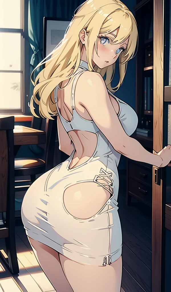 Super detailed、highest quality、Best image quality、masterpiece、8K、Anime Face、A kind smile、Open Mouth、Sparkling Blue Eyes、(Long blonde curly hair:1.4)、Wearing a maid headband、(SFW huge body)、(((Rear view)))、Cowboy Shot、(Wearing a white thong:1.5)、Muscles of the whole body、Hands on hips、Stick your ass out、(Grabbing own Ass:1.5)