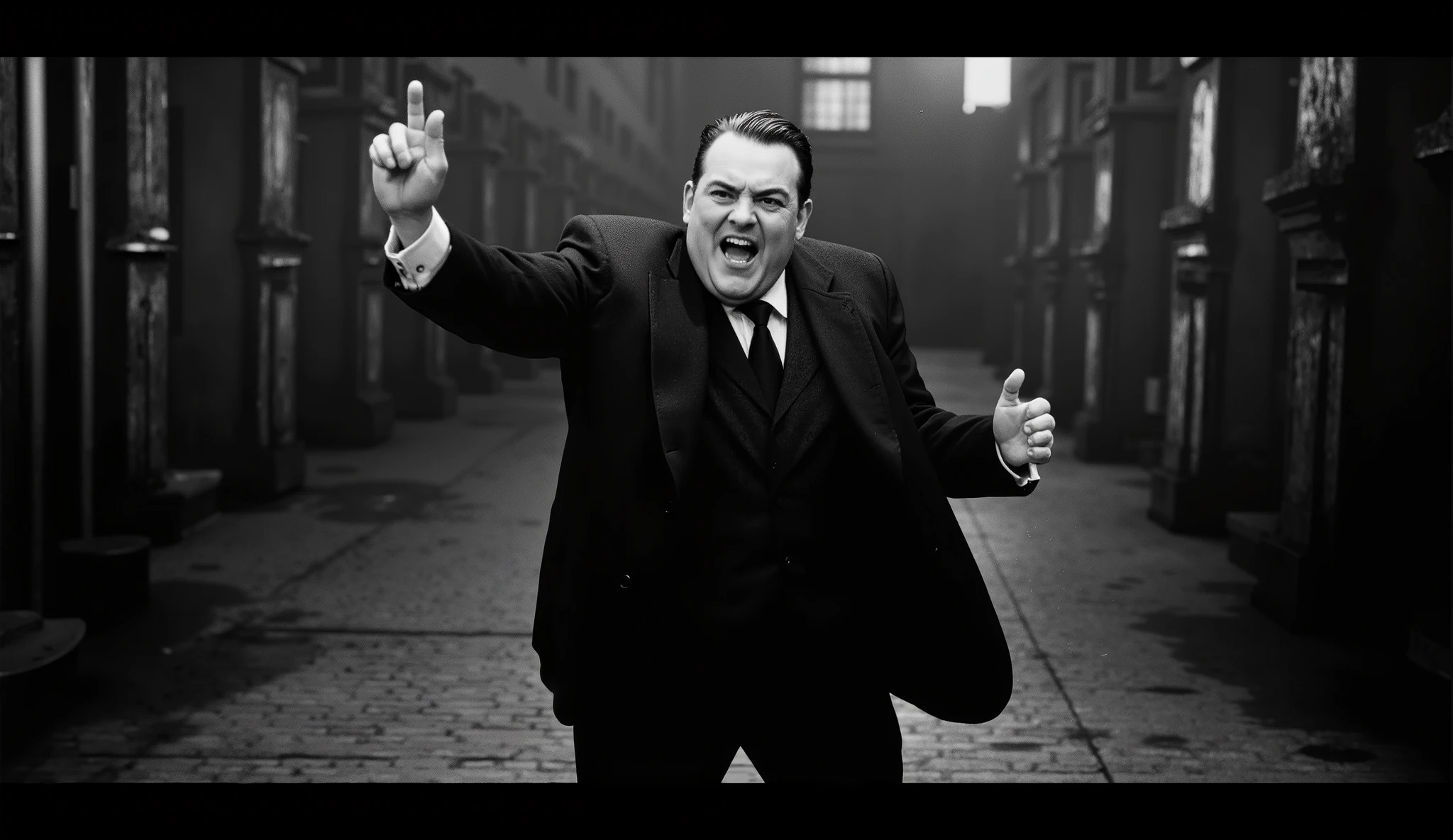 "a 1940s gangster scene, In black and white ultra-realistic it is day , anos 40, estilo noir. SLIGHTLY OVERWEIGHT MAN WITH STRAIGHT BLACK HAIR MOVING AS IF SINGING"