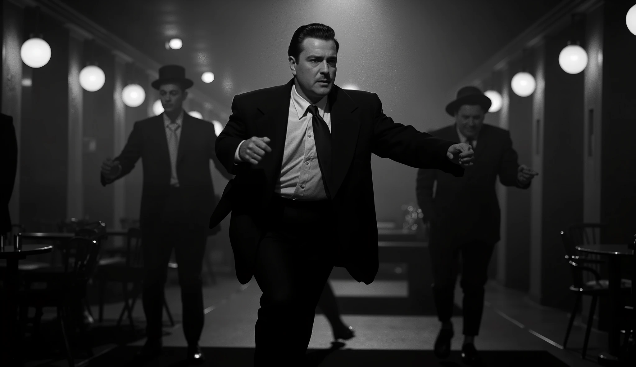 "a 1940s gangster scene, In black and white ultra-realistic it is day , anos 40, estilo noir. SLIGHTLY OVERWEIGHT MAN WITH STRAIGHT BLACK HAIR MOVING AS IF SINGING"