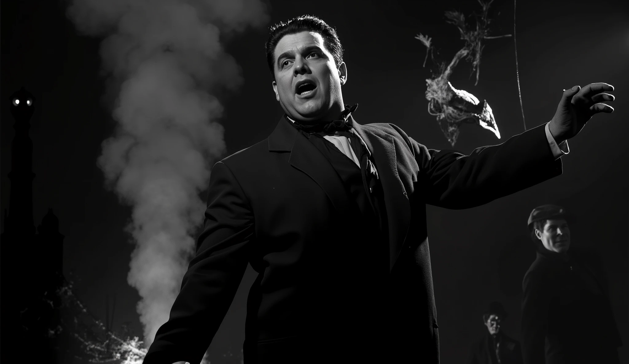 "a 1940s gangster scene, In black and white ultra-realistic it is day , anos 40, estilo noir. SLIGHTLY OVERWEIGHT MAN WITH STRAIGHT BLACK HAIR MOVING AS IF SINGING"
