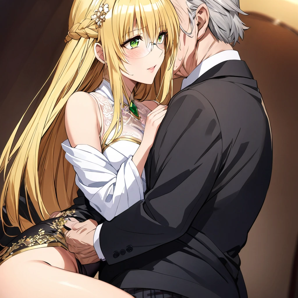 ((Highest quality)), ((masterpiece)), (detailed), (Perfect Face)、The woman is a thief with green eyes, medium-long blonde hair, is naked, and is wearing jeweled earrings and an engagement ring.、The woman embraces the naked man on the luxurious bed in the luxurious room and has sex with him, making love.、The man is a dignified, bearded old man, extremely wealthy, wearing an expensive suit with lavish gold embroidery and trim, and wearing an engagement ring.