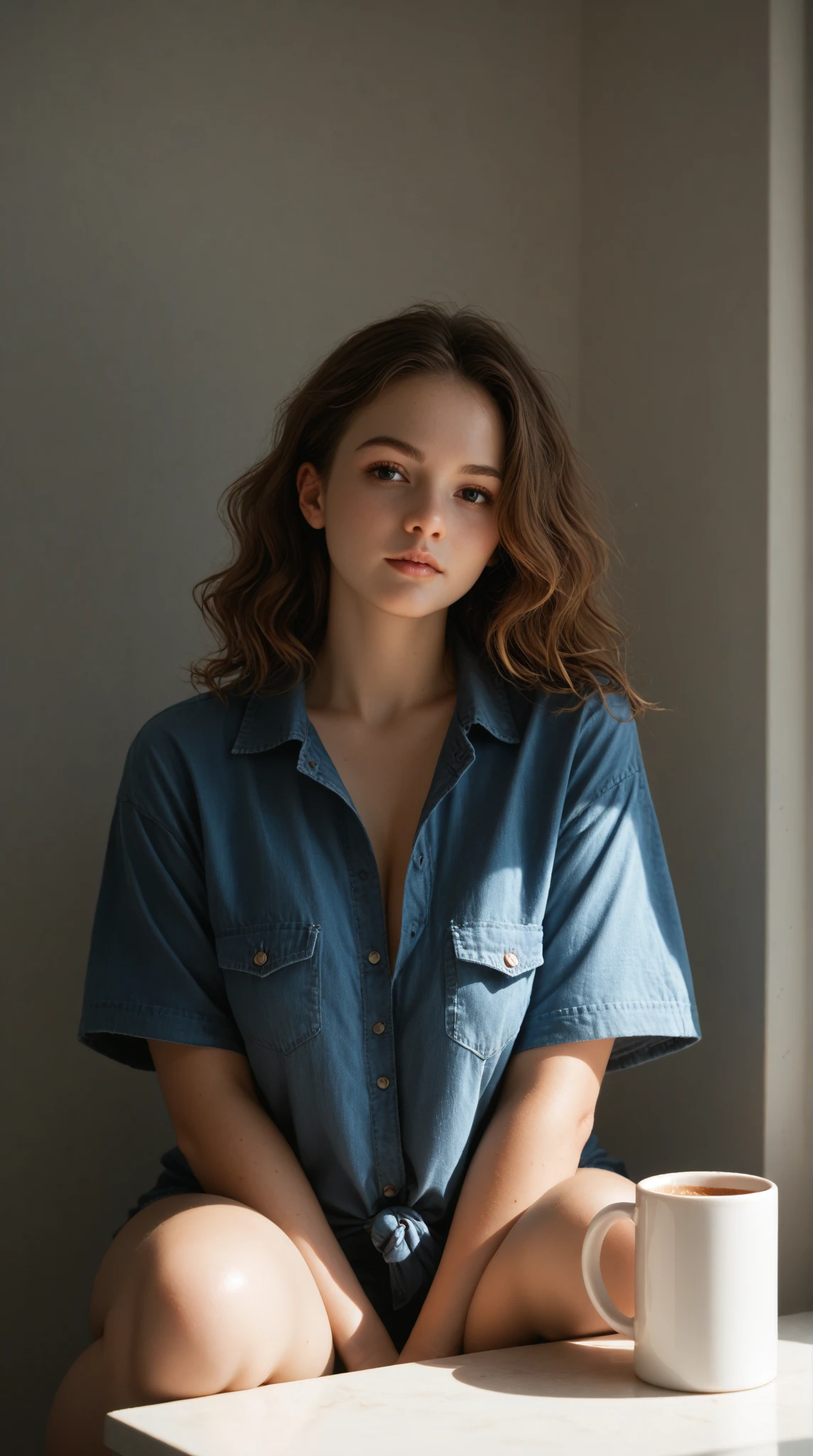 Real photos of beautiful 4m4nd4s-v2 women,1girl, solo, brown hair, shirt, blue background, tied shirt, realistic, hand in pocket, brown eyes, looking at viewer, blue shirt, long hair, pants, midriff, white pants, simple background, lips, cowboy shotrealistic, arrow (projectile), long hair, braid, lips, blue eyes, looking afar, portrait, nose,actual, soft light, Professional photography, Photoactual, detailed, raw, simulation, sharp focus, 8K, HD, DSLR camera, high quality, Fuji XT3, film grain, Award-winning, masterpiece
