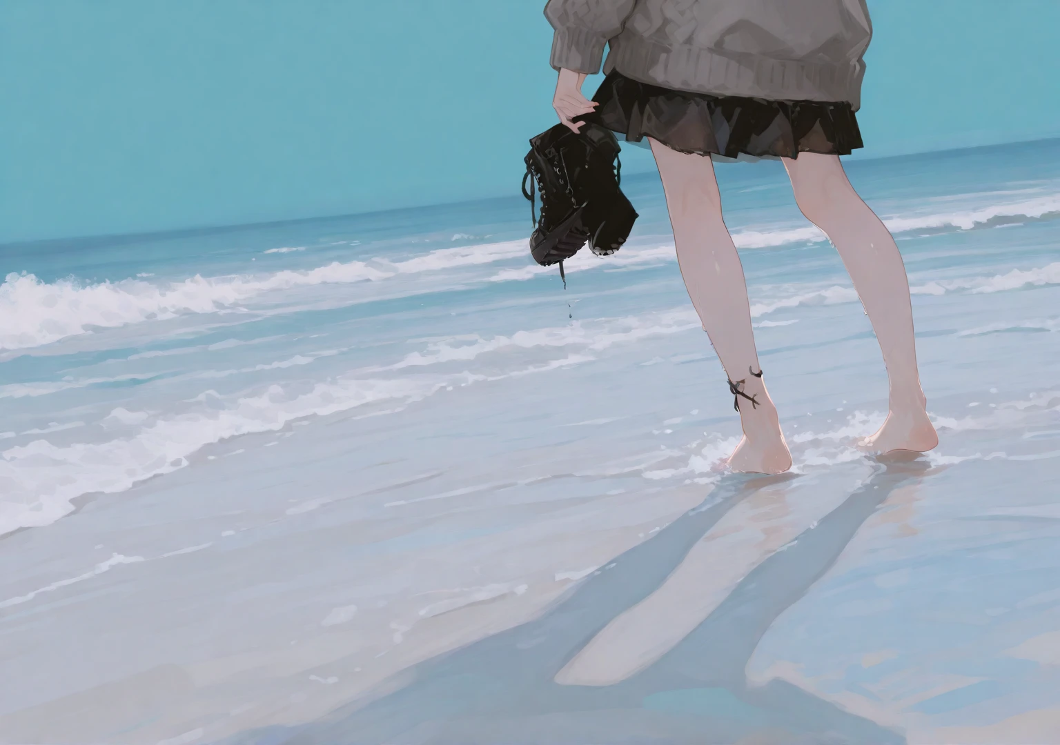 (((Pixel Perfect, Perfect in every detail))),alone,1人of女of子,Amami Haruka,red ribbons,View your viewers,smile,Happy,
Day,null,cumulus clouds,in spring,High resolution,colorful,Volumetric lighting,
depth_of_Field,alone_concentrated,depth of Field,Front view,whole body,
Teen,skinny,thin,thin,(expensive:1.1),
,(blue dress),School_uniform,length_sleeve,shirt,dress,white_shirt,襟ed_shirt,head_ribbon,apron_dress,Best,(Lace-up_boots:1.1),(black_pantyhose:1.4),Panty lines,
Outdoor,Beach,
(Skin Dentition:1.4)