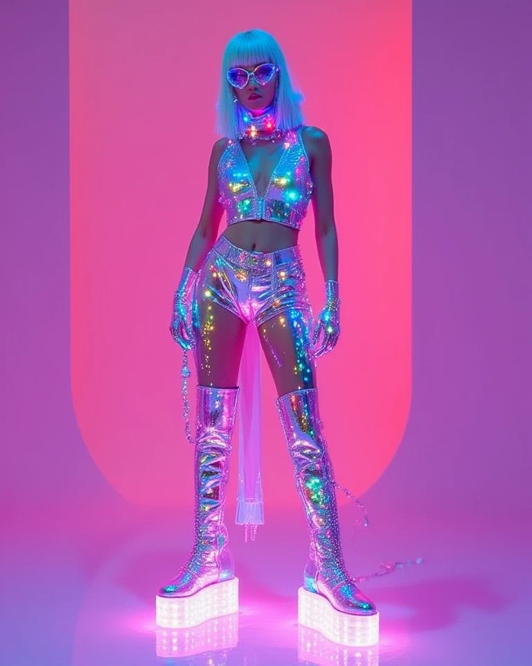 dark skinned woman, sunburnt, neon lights, long translucent slit skirt, iridescent metallic half jacket, long legs:1.2, thin waist:1.2, blonde, sheer holographic top