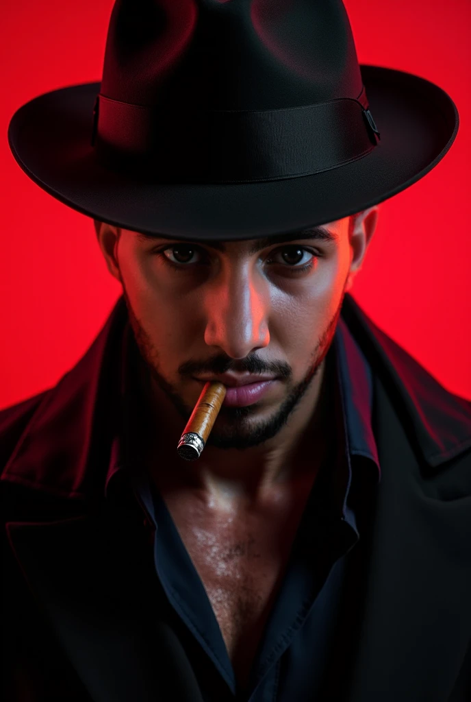Strong dark-skinned rogue with a black beret covering his eyes, thin moustache, half-open red shirt with golden St. George necklace and smoking a cigar 