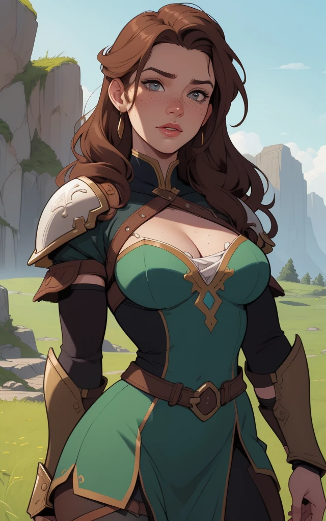 beautiful, lovely woman, brown hair, brown eyes, toned body, wild medieval clothing, big breasts, curvy buttocks, forest, long bob hair, illustration, ultra-detailed, realistic, vivid colors, soft lighting