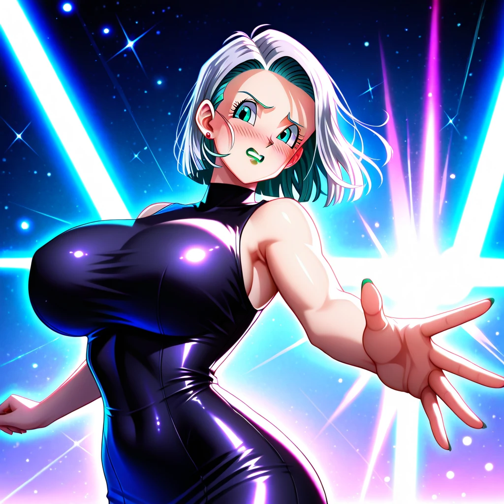 (masterpiece:1.2), (best quality:1.2), (highres:1.2), (absurdres:1.2), (high quality:1.2), 8k uhd, ultra-detailed, (big breasts:1.4), wide hips, narrow waist, thick thighs, (covered nipples:0.8), underboob, oversized tank top, white hair, black eyes, bob cut, pencil skirt, simple background, navel, full body, from below, wet, shiny skin, (iridicent clothes:1.4), colorful clothes