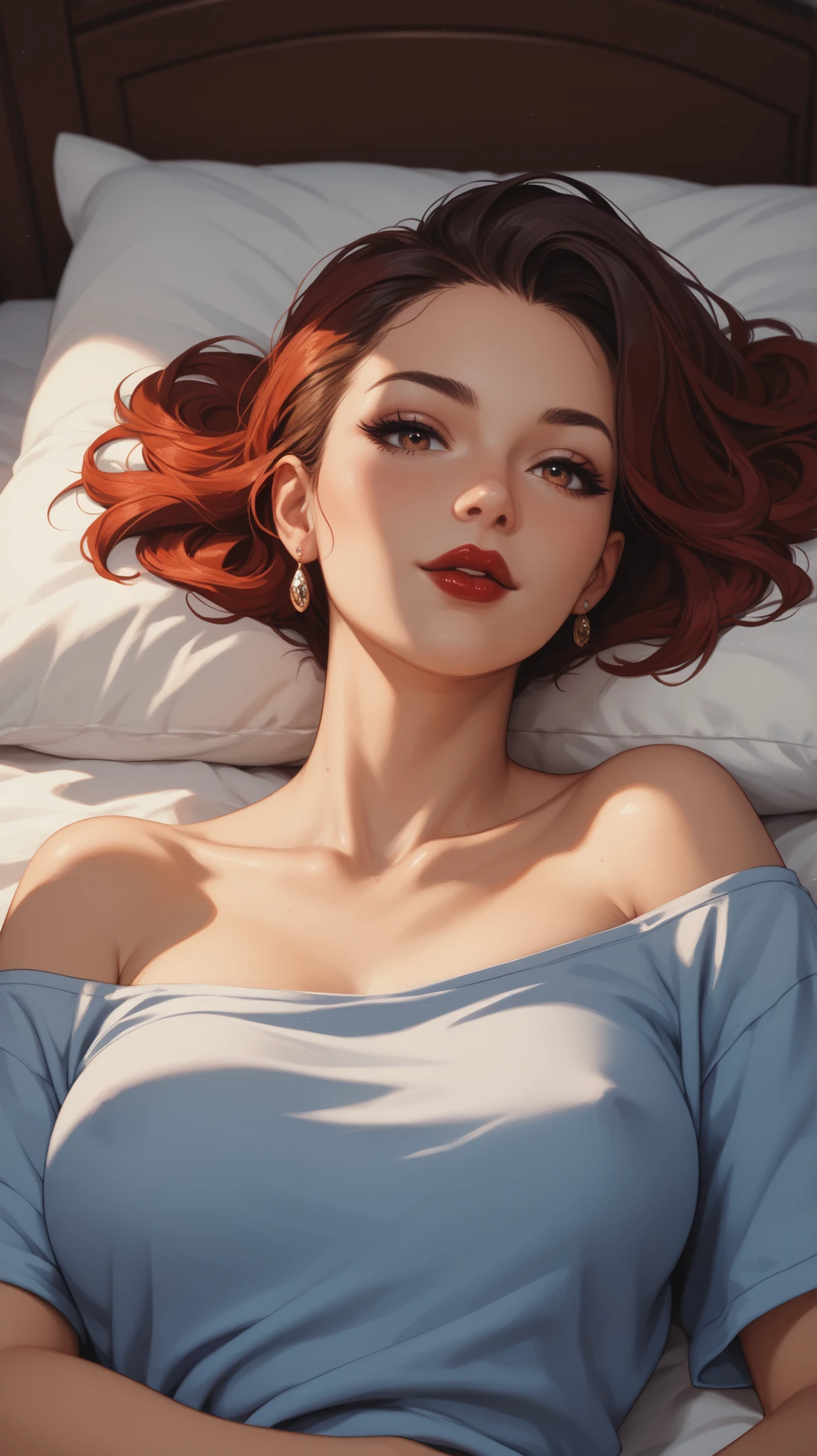 Amazing portrait of a woman who is 30 years old and an adult and a sexy woman wearing an off shoulder oversized t shirt during night time with soft lighting showcasing her red lips and her beautiful face in detail and close up lying down on bed