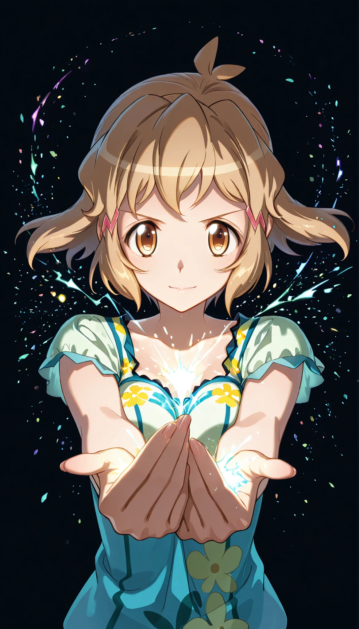(1girls solo),symphogear, tachibanahibiki, short hair, hairclip, brown hair, hairclip,brown eyes, light smile, Black background,colorful, lively, Shining Contours ,neon,colorful、Official Art、,viewer, masterpiece, Very Aesthetic、battle pose、Light powder、neon Hair、Swinging Hair、chest swaying up and down,