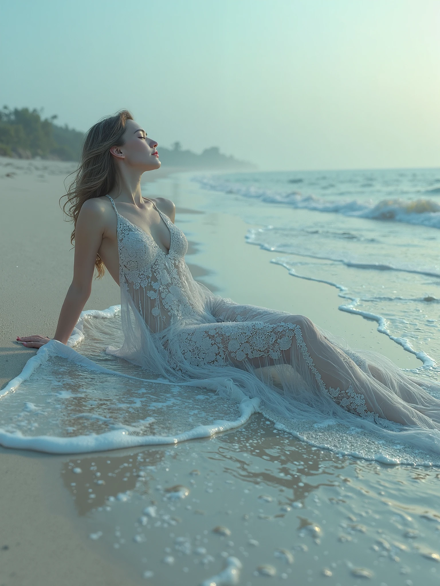 1girl,blonde hair, floating hair, seaside,scenery,landscape,cherry blossoms, falling petals, sunbeam,god rays,upper body, dress, renatadaninsky