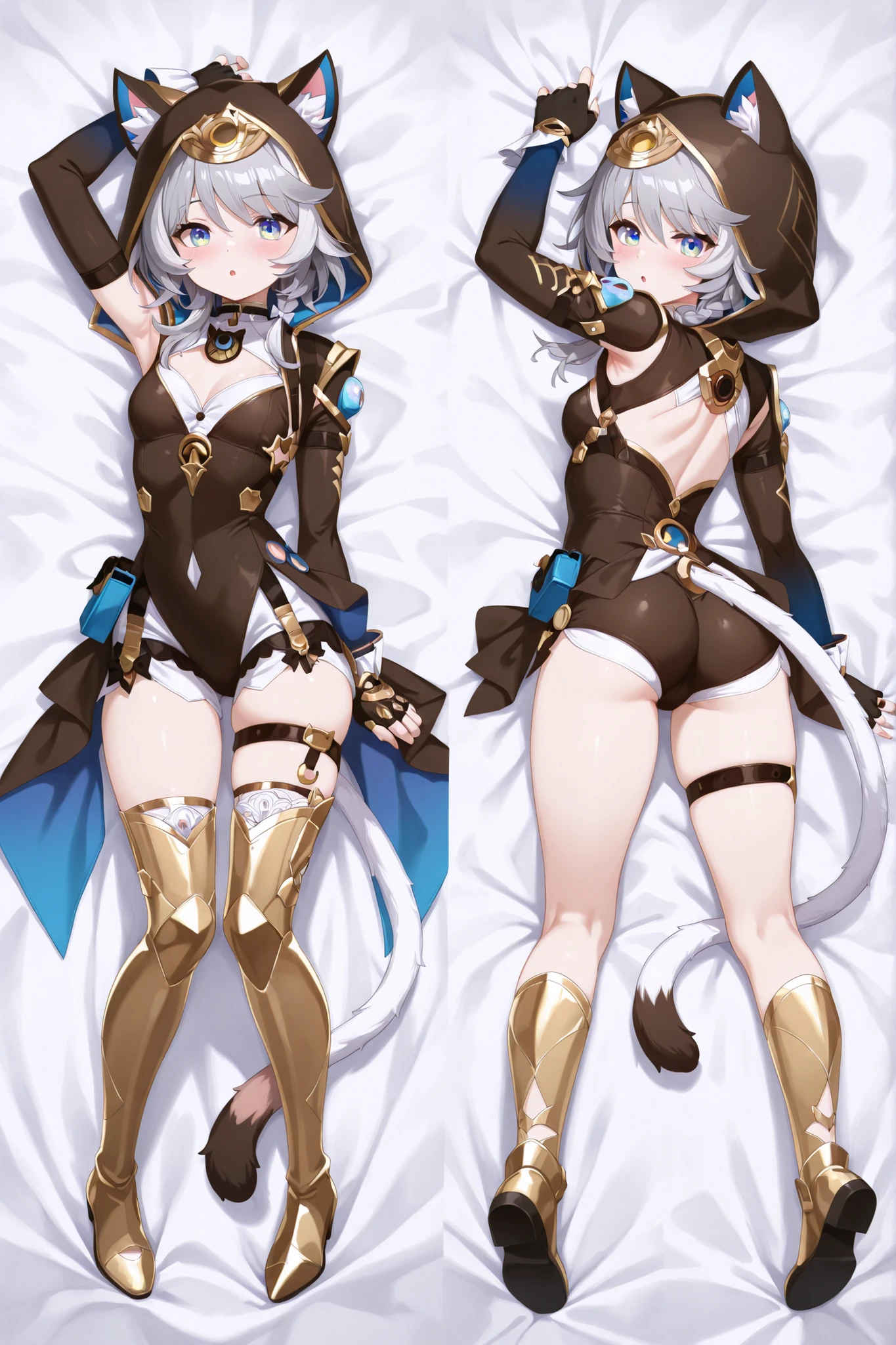 1 girl, cute face,cipher \(honkai star rail\), solo, tail, grey hair, blue eyes, gloves, animal ears, hood, cat tail, cat ears, hood up, black gloves, fingerless gloves, cat girl, animal hood, shorts, cleavage, braid, cat hood, long sleeves, thighhighs, thigh strap, medium hair, clothing cutout, cleavage cutout, small curvy, small breasts, blushing, splash art anime, seductive anime girl, top rated on pixiv, anime! 4 k, anime! 4k, , ecchi, anime goddess ,Masterpiece, best quality , is ridiculous, up to date, very aesthetic, great quality, high resolution,sensitive, perfect eyes, clear eyes, Futamata Dakimakura, white bed sheet, blush , parted lips , :o , arm at side , arm up , armpits , (fullbody , multiple view:0 . 6), (legs apart , looking at viewer:0 . 3), lying down , dakimakura , ass , on back , on stomach