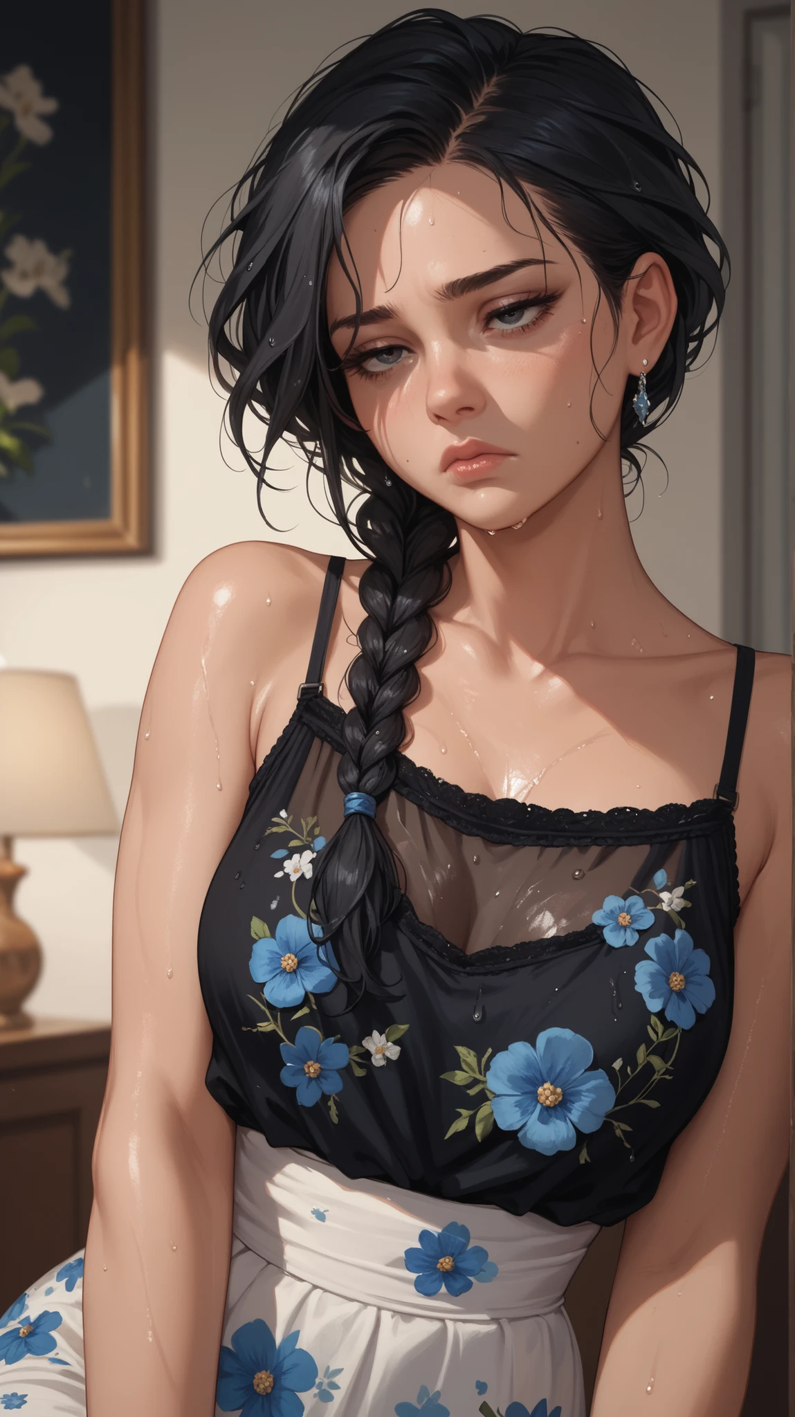 Sexy woman, black hair, messy single braid, sweaty, tired, black blouse, blue floral saree, perfect body