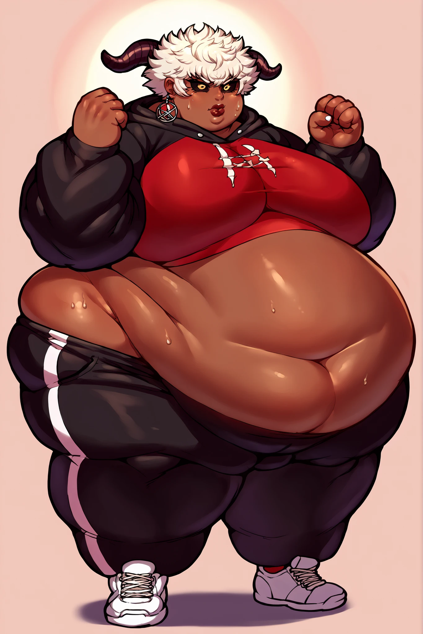 ((Dark skin)), ((dark skinned female)), ((brown skin)) ((giantess)), ((strongfat)), ssbbw, obese, ((strong arms)), ((white hair)), ((blue eyes)), ((tall)), (gentle smile), (wrestling gear), gigantic, insanely large belly, sweaty, subtle blush, (bare arms), ((gigantic biceps)), leotard, fingerless gloves, ((wrestling ring background)), clear face, large eyes, ((heavy shading on lower half of the body)), ((large bicep muscles)), ((looking down at viewer))