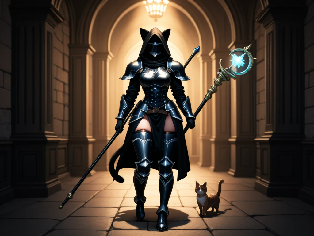 1girl, black hair, blue eyes, wearing full body armored suit, particles in background, absurdres, high res, ultrasharp, 8K, masterpiece, looking at viewer, cat girl ears same color as hair, mask, hands armored gloves, long cape, tmasterpiece, ultra fine photos, best qualtiy, realisticlying, rays of sunshine, full-body portraits, cleavage breasts, delicated face,Vibrant eyes,very highly detailed background, detailed background, opulent, high detail skin, Realistic details of skin,Visible pores,Clear focus,volume fog,8K UHD,digital SLR camera,high high quality,filmgrain,White skin of the,photorealistic