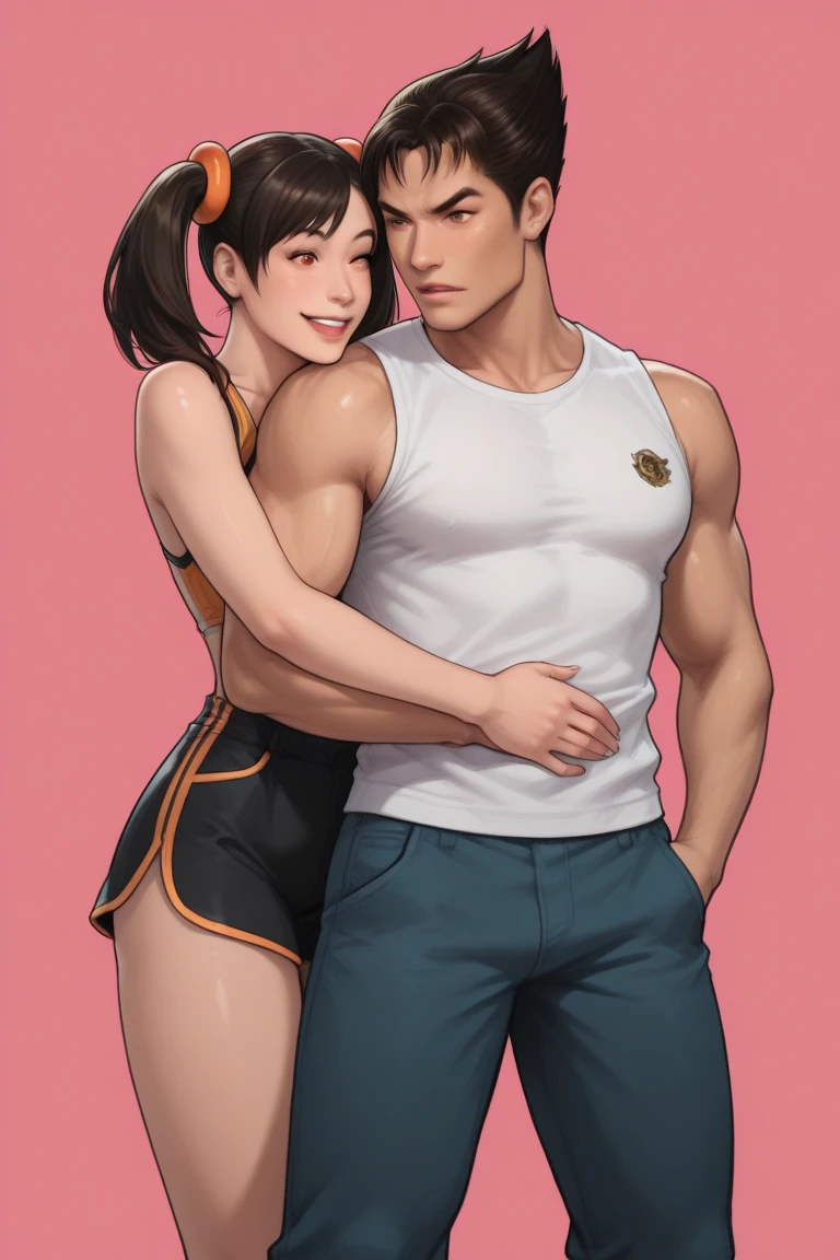 Young blonde and man with black hair and muscular, the girl wearing a pink tank top with a low neckline, defined breasts, wearing short denim shorts, the man wearing a white tank top, with a muscular body