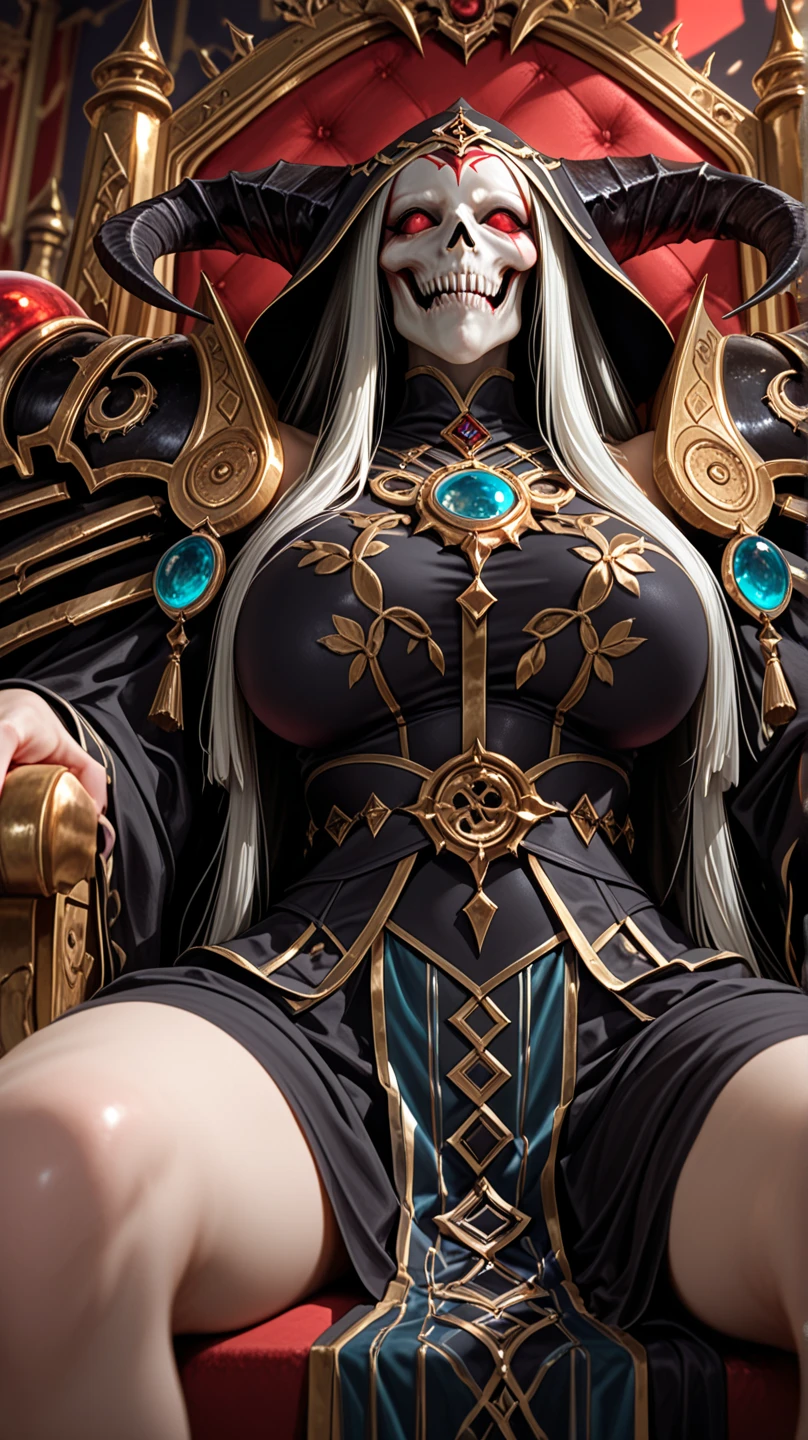 1girl,solo focus, robot girl, humanoid robot,robot joints,orange eyes,long hair, (colored skin),huge breasts,tiara, jewelry, armored dress,gold trim, sleeveles,cape,(indoor),office,sitting,on throne,table,pile of paper,document,pen in hand,