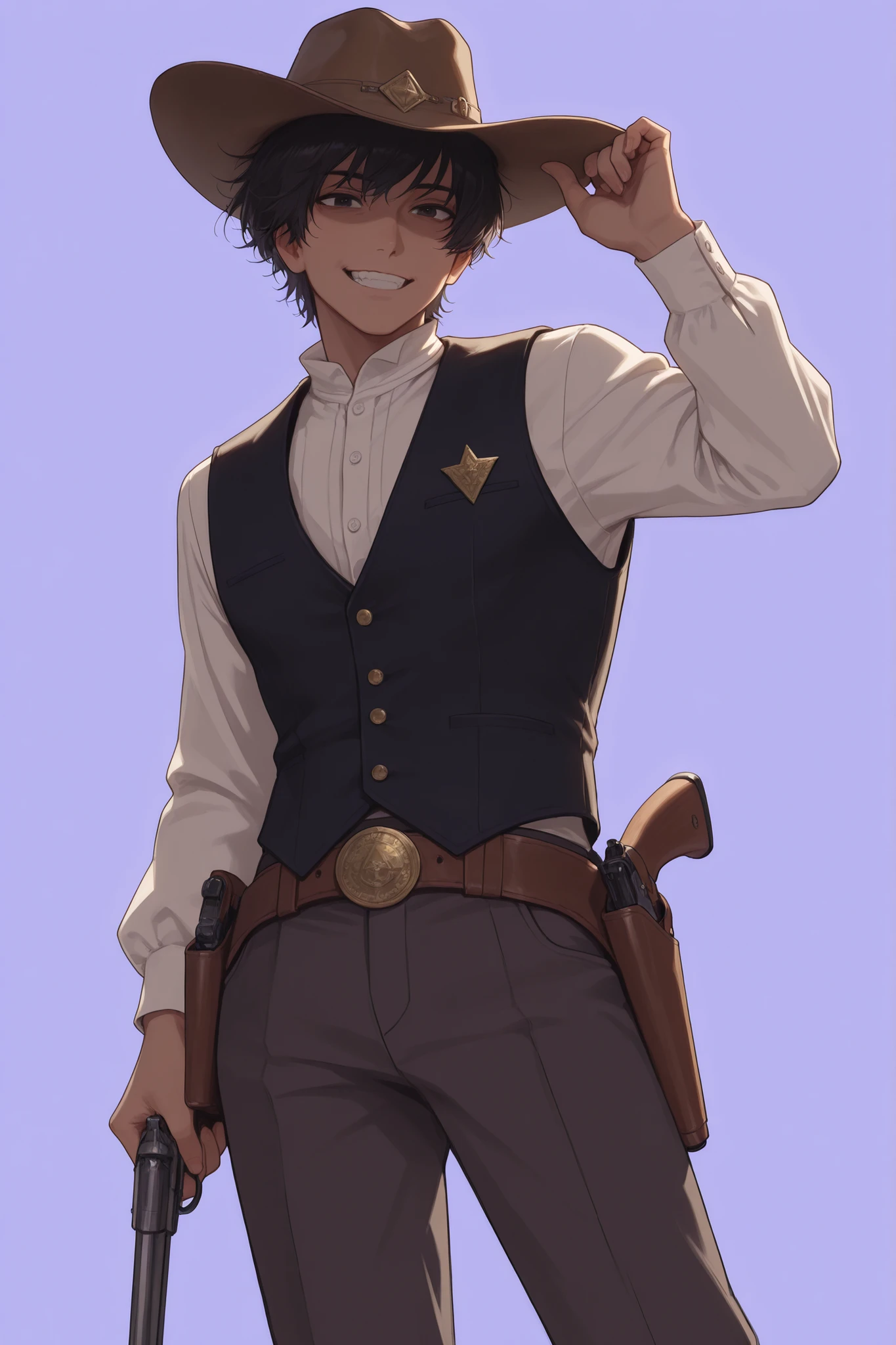 Music album logo of a Japanese boy with disheveled black hair, with long sleeve shirt, dark vest, buttoned at the front, dark gray pants, straight cut, typical of the 19th century, Belt with holster carrying several ammunition and a holstered gun, holding his cowboy hat, with a confident and somewhat challenging expression. His smile is wide and slanted, with visible teeth, which gives an impression of security, mischief, different perspective standing, purple background