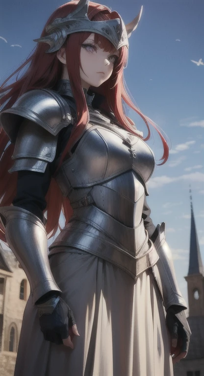 ((A red-haired warrior, from the back, wearing a short skirt at her butt, showing her butt, shot from below, wearing plate armor, steel gauntlets, steel gloves and steel cuirass, looking back, wearing a skirt)), very detailed skirt, (she doesn't wear underwear, skirt showing big stuffed, pert, round ass, pussy showing, smooth pussy showing from below, (skirt up), wind lifting skirt, sexy possession), medieval fantasy, d&d, RPG, masterpiece, best quality, 8K, ultra realistic. The most desired girl in the world has transcendental beauty, with expressive eyes, light green eyes, arched eyebrows, sensual lips and radiant skin. Her facial structure is symmetrically perfect, with delicately sculpted cheekbones and a refined chin.