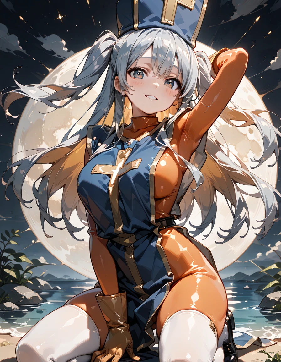 <lora:mononobe_no_futo-02:1.0> mononobe no futo, 1girl, long sleeves, ribbon-trimmed sleeves, gray hair, blue eyes,
armpit, underboob, view from below, medium breasts, clouds, sun