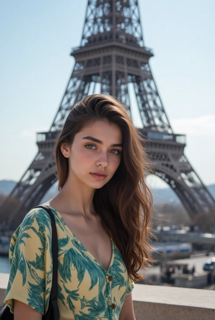 21-year-old brunette European woman with long hair and green eyes, a cute girl at the foot of the Eiffel Tower, intricate face details, beautiful detailed eyes, beautiful detailed lips, extremely detailed eyes and face, long eyelashes, elegant dress, soft natural lighting, warm color tones, photorealistic, highly detailed, 4k, best quality, masterpiece, ultra-detailed, realistic, vivid colors, sharp focus, physically-based rendering, professional photography