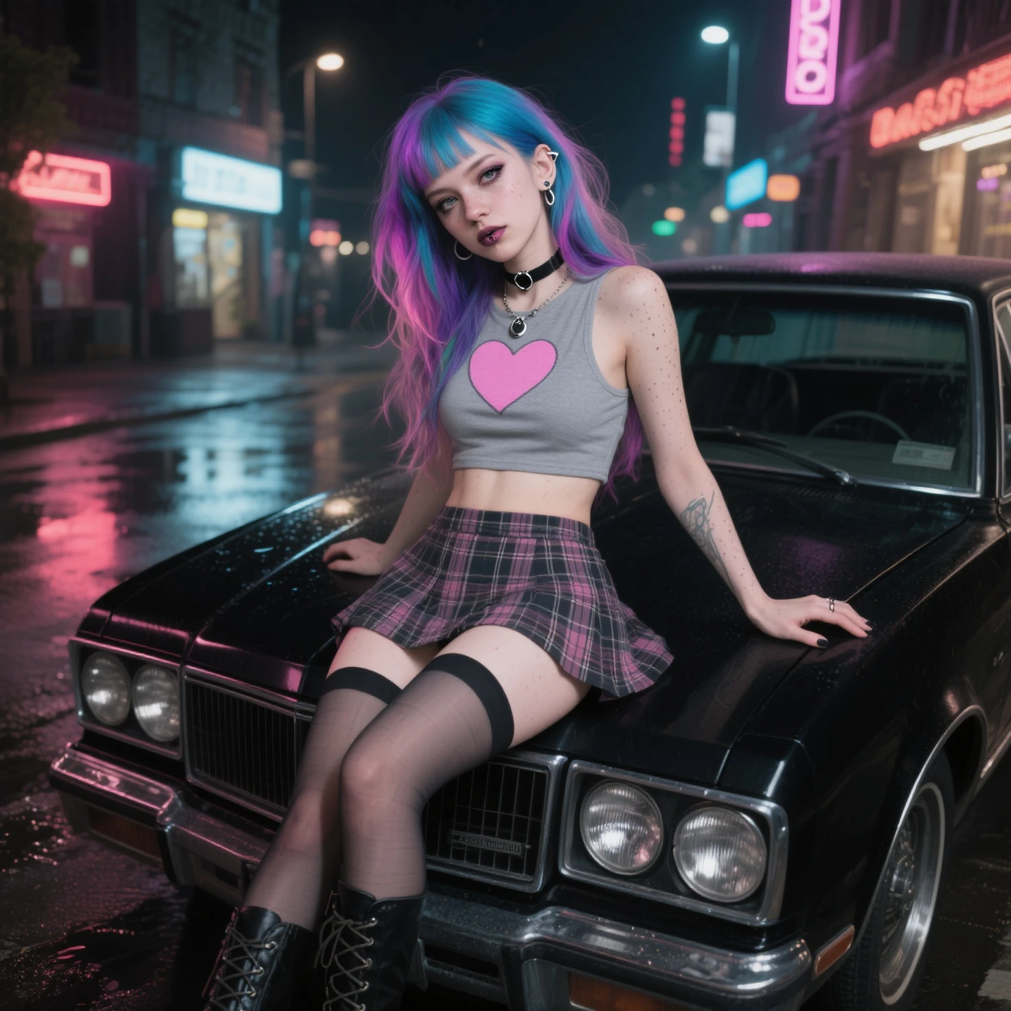 Girl with long blue hair, black t-shirt, pink skirt, black knee socks and pink ballerina shoes in a car on the matching seat