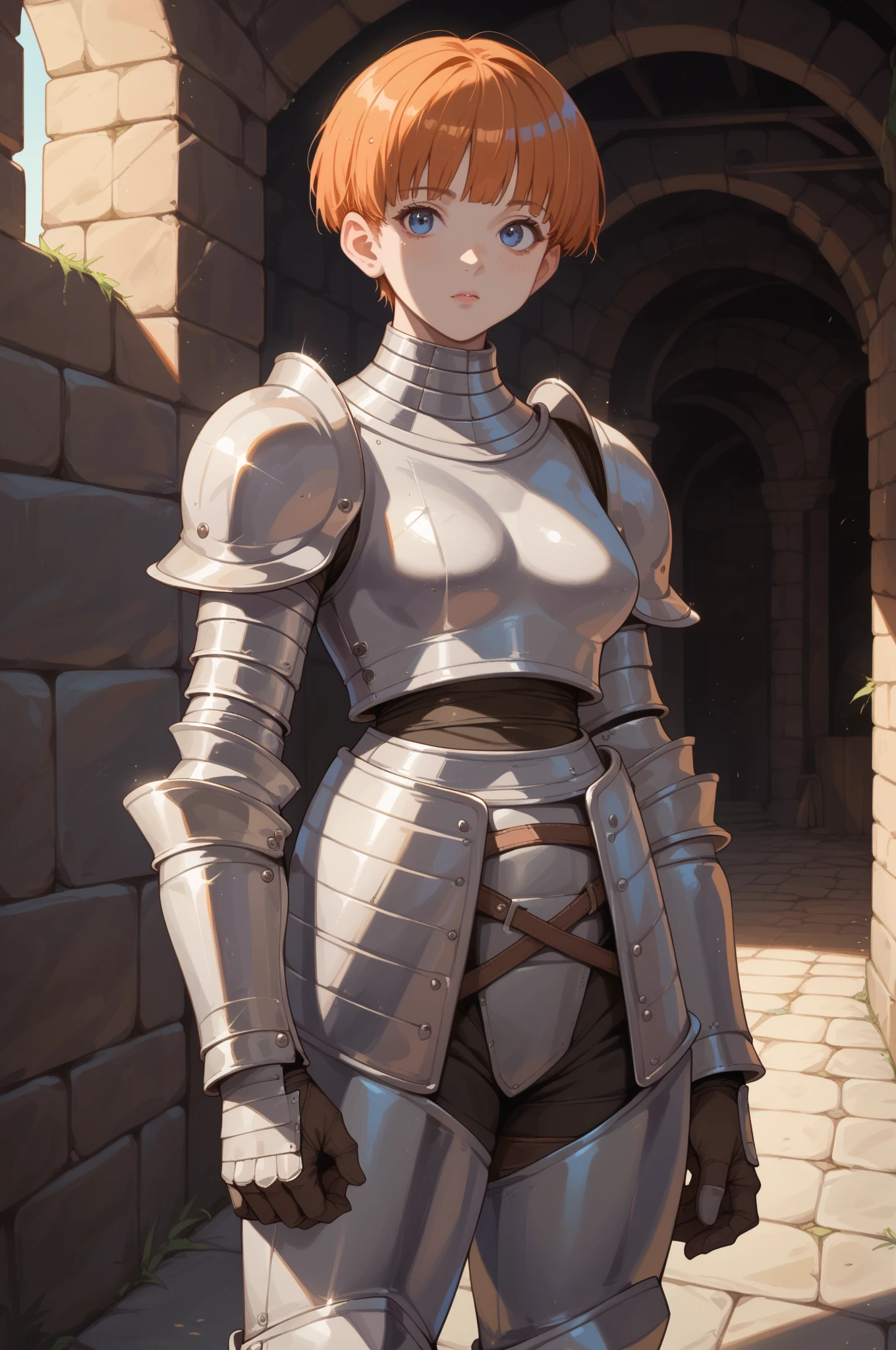 masterpiece, (realistic), highres, highly detailed, intricate, beautiful woman, Orange pixie haircut, Green eyes, freckles, detailed face, knight, Red and Black armor.