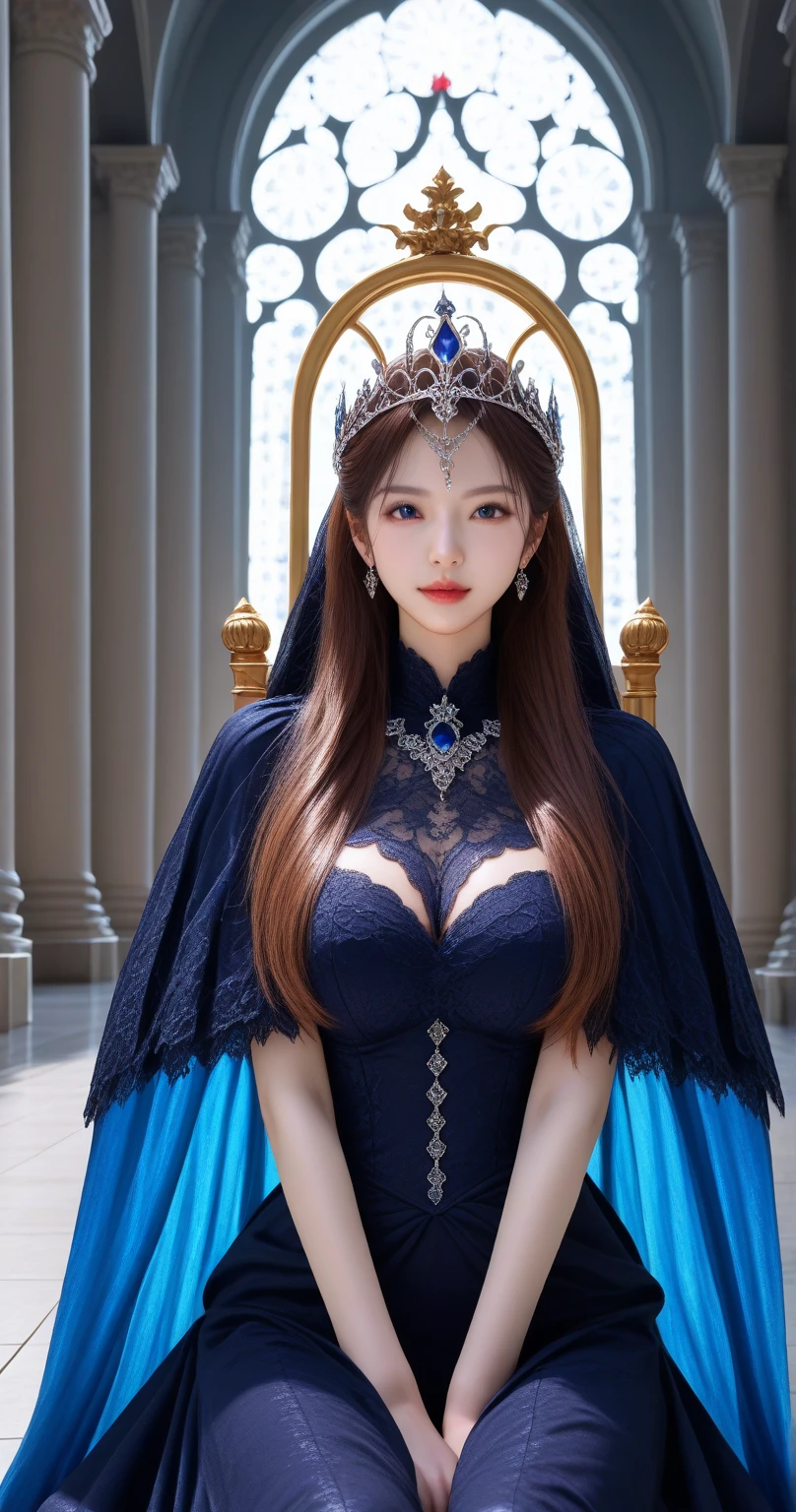 ((highest quality、table top、8K、best image quality、extremely complex and detailed depiction))、one snow princess、(Snow Maiden in the most luxurious palace made of ice:1.1)、(The most elaborate and luxurious sparkling ice palace cathedral:1.2)、(Inside the most fantastic giant palace made of ice:1.2)、(The most fantastic cathedral made of intricate glowing ice:1.2)、(beautiful transparent ice:1.1)、The background is a detailed ice palace、beautiful domed ceiling、(A palace made of intricately shining transparent ice:1.2)、(Elegant palace columns made of ice and crystal:1.05)、(Symmetrical composition when viewed from the front:1.2)、jeweled palace、Inside the symmetrical palace、(very romantic:1.05)、sacred and mysterious palace、(Filled with fantastic light blue light:1.1)、Beautiful shining crystal、The most luxurious and highest quality giant tiara、The most luxurious and highest quality giant necklace、[big breasts]、(skin as white as snow:1.05)、glowing skin、(A glittering silver-white jeweled dress of the highest quality:1.1)、Elegant and beautiful pure white snow dress、elegant decoration、Diamond decoration、artistic decoration、Luxury beyond imagination、the most luxurious decoration in the world、pure white makeup、Dresses that shine in silver、jewelry embellishments、Luxury beyond imagination、the most luxurious decoration in the world、Diamond dust、The most realistic and complex background、Highly detailed and realistic background、the best smile when you look at me、(beautiful snow is falling:1.05)、(close up of princess face:1.2)、(blurred background:1.1)、(mysterious fairy tale fog:1.15)、beautiful silver light blue hair、amazing movie lighting effects、Natural forehead、Complex and detailed background、the most delicate shine、Backgrounds with depth、low contrast、(Surrounded by a fantastic soft light:1.1)