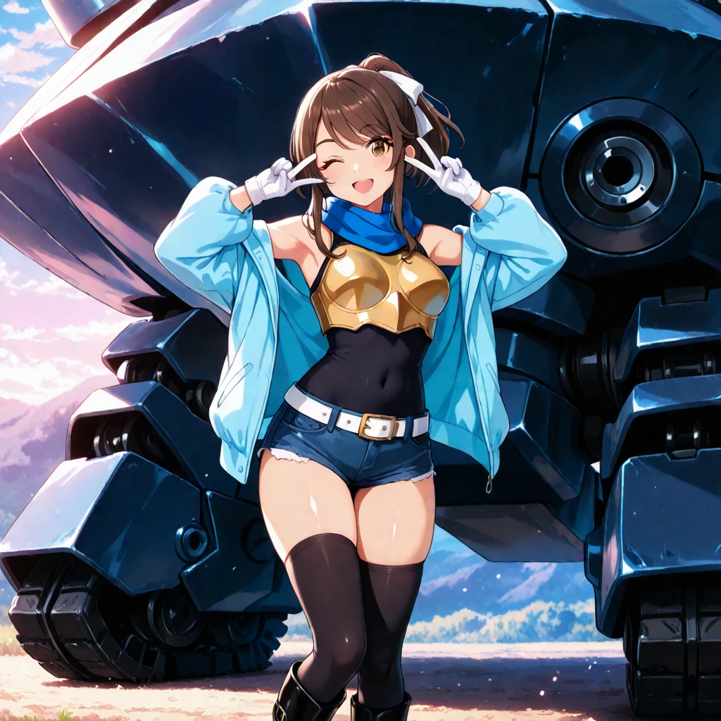 (((pixel-perfect, detail-perfect))), 1girl, pilot, giant robot pilot, medium breasts, leotard, heart emblem on the chest, bare legs, boots, solo, solo focus, sleeveless, hands on hip, standing, ultra highres, absurdres, beautiful face, detailed eyes, symmetric eyes, perfect body, good proportions, japanese mountain backdrop, full body shot, cowboy shot