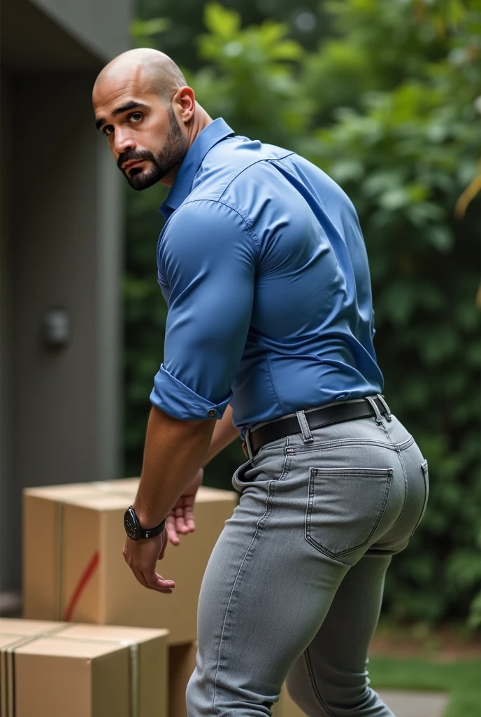 handsome mature man in his 50s,white man with a tanned complexion,(well-defined pecs and arm muscles),full body, facial hair styled into a neatly groomed beard,(intelligent and alluring eyes),a captivating, symmetric face with strong and defined facial features,a confident smirk on his lips,giving off an air of wisdom and rugged charm,beefy build that emanates strength and vitality. ((Full body)), blue formal trousers (((backside))) (((Big butt)))