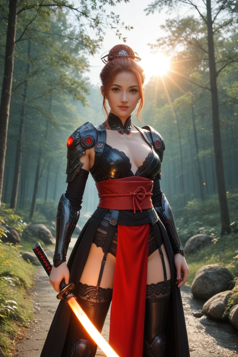 ((Kunoichi)), Indian, Indian Woman, big breasts, forest, (( sensual pose)), red and black armour, (( full body armour)),(( Knight Armour)), ((big cleavage and big breasts))