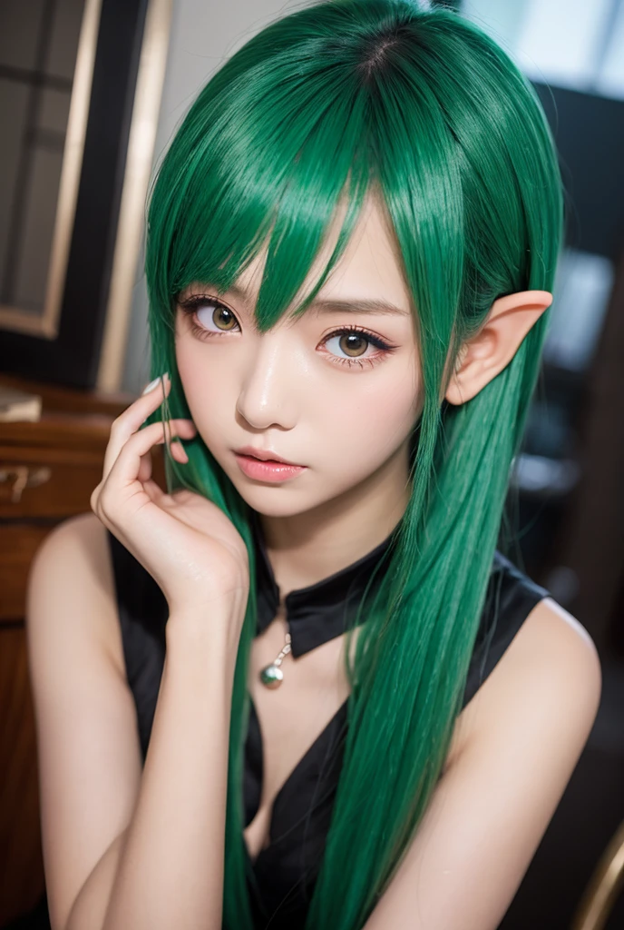 The character is a Japanese beauty, depicted in a hyper-realistic photorealistic style.、She sits against a dark and mysterious backdrop,。she has glowing green hair,、and she wears a black corset-like dress.。and large, black, devilish horns sprout from her head.、with large black wings spread behind her.。Her eyes are a vibrant green,、Her expression conveys a strong will,。The lighting is soft、The focus is adjusted to highlight her face and chest,、highlighting her beautiful features in contrast to the dark background.。Consists of a vertical screen、The character's details are meticulously rendered,、enhancing the overall realism.。