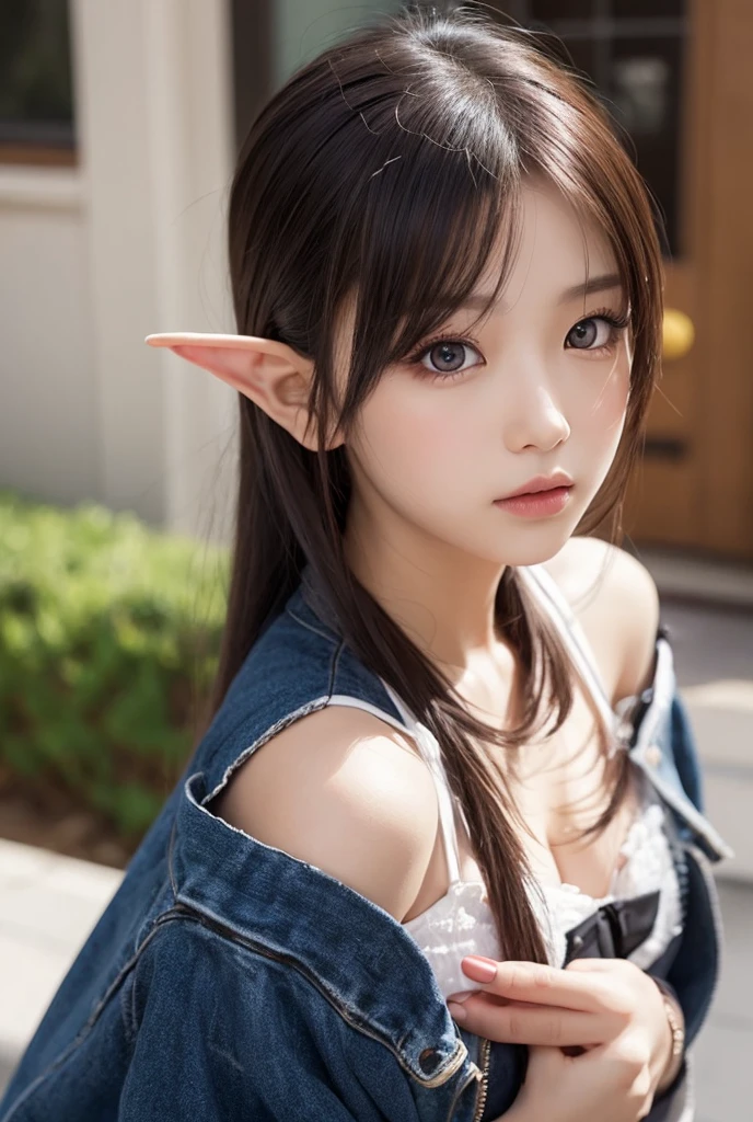 elf girl at the pier, (high fantasy, medieval:1.4), feudal society, lake town, waterfront, wooden boats, upper body, close up to face
