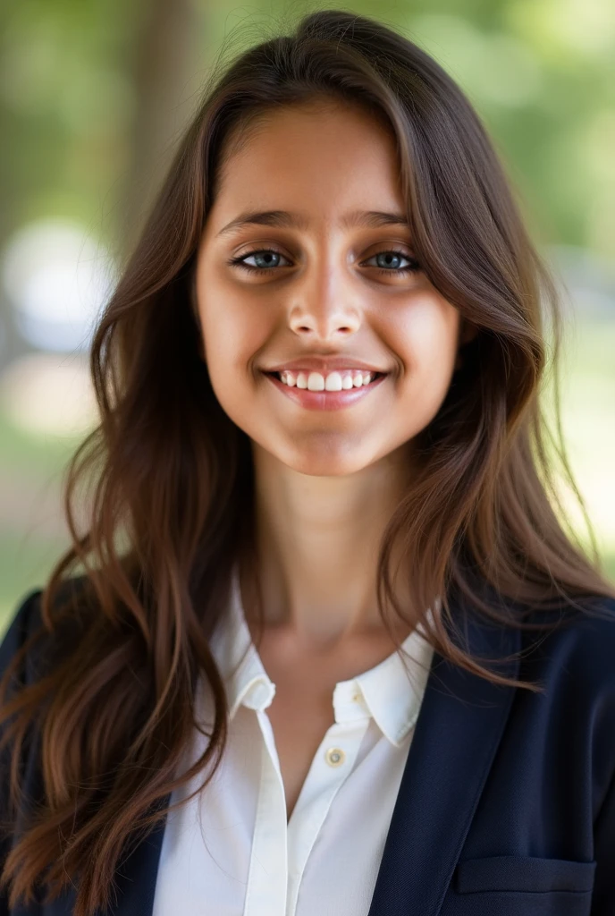 one cute women, 20YO, white, Arab, cute face, realistic brown eyes, blue jacket, brown hair, cute smile, skinny face, white realistic teethes, big eyes, long hair
