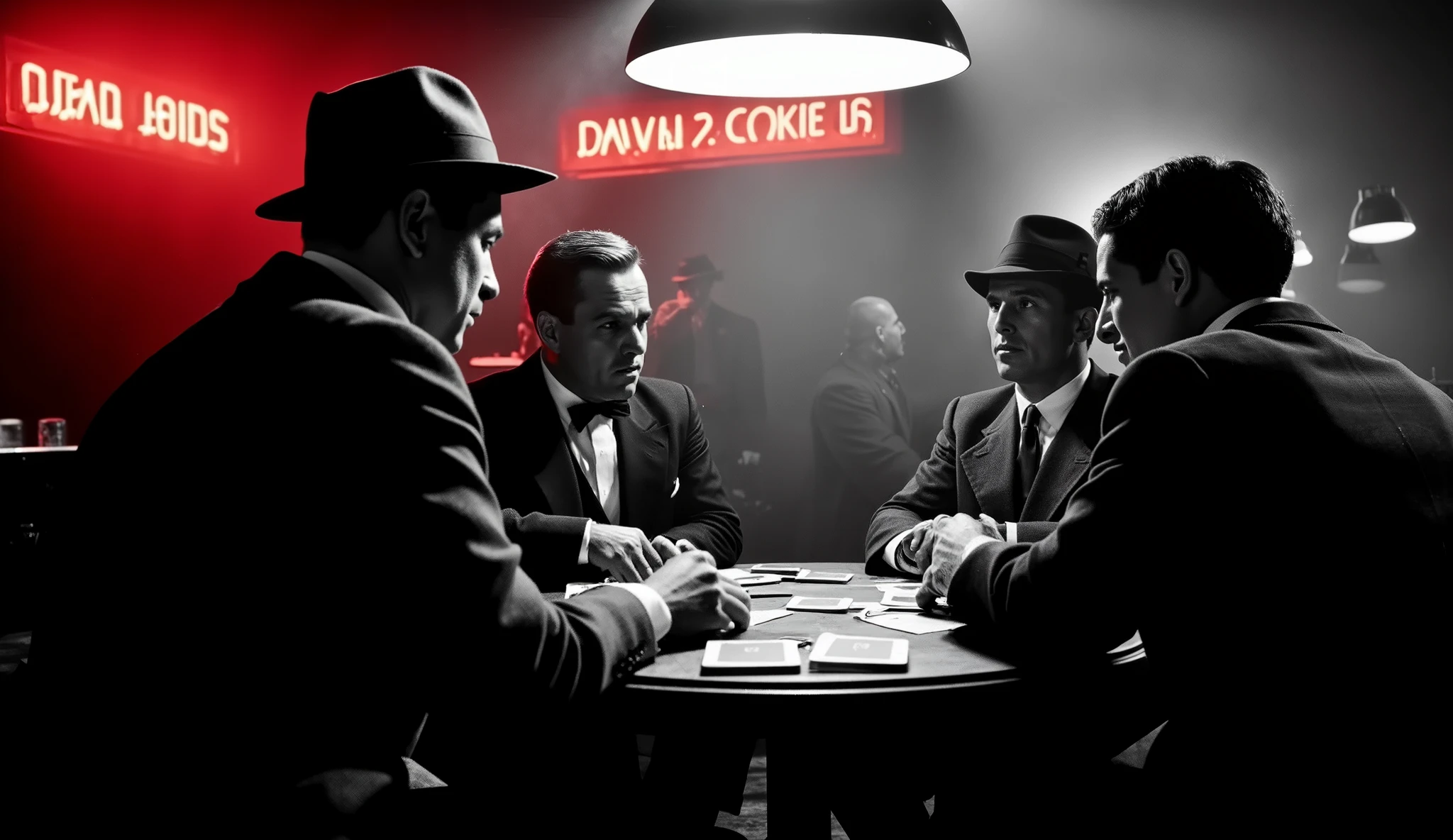 "a 1940s gangster scene, In black and white ultra-realistic it is day , anos 40, estilo noir. in a dark room filled with cigarette smoke four men are gathered playing cards at a round table, ONE OF THEM IS STANDING WITH THE MOVEMENT OF THOSE WHO ARE GOING TO START SINGING AND DANCING, Lighting comes through the illuminated window of a red neon sign, sneakers creating a dramatic contrast. The atmosphere is tragic, with shades of red and gray "