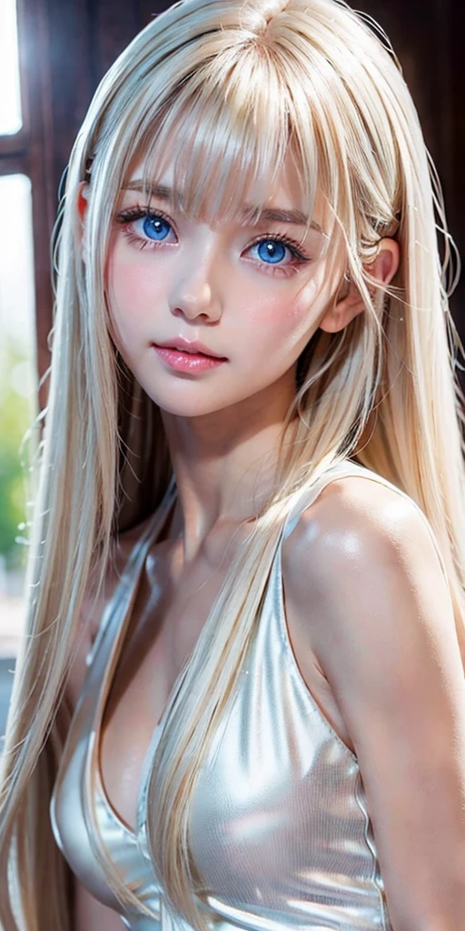 Portrait、、Bright expression、ponytail、Young, lustrous, glowing, white skin、The best beauty、Blonde reflection、Platinum blonde hair with dazzling highlights、Shiny bright hair,、Super long silky straight hair、Shiny beautiful bangs、Bright, clear, attractive, large blue eyes、Very beautiful lovely cute 16 year old girl、Ample Bust
