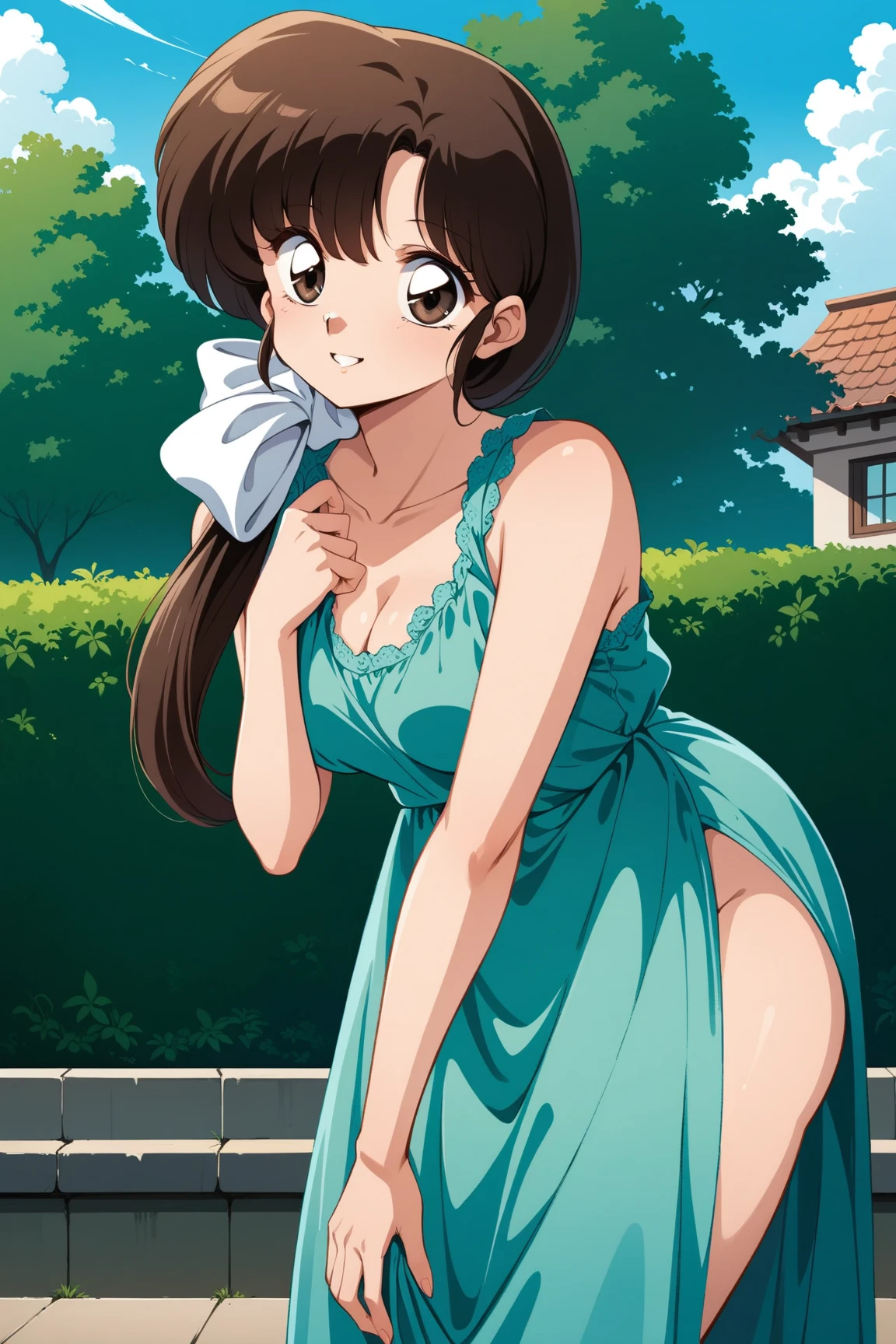 1 girl, Hiyama Hikaru, (Masterpiece, Best Quality, High Quality),(NSFW:1.3) cowboy shot,(from side),moist skin,volumetric lighting, illustration, beautiful, (see through camisole :1.1), big breasts, cleavage, floral print, looking at viewer,confident, seductive smile, (arms behind back, head tilt:1.1),hand on hip,heart pendant, perfect lighting, perfect shadows, flower, (breathtaking scenery:1.1), tree, blushing, outdoors
